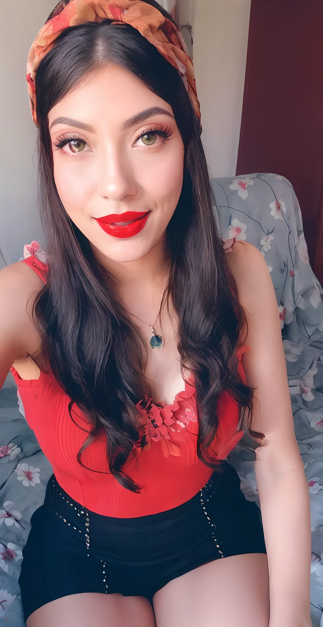 mulher arafed com batom vermelho e um top vermelho sentado em uma cama, red lips, sexy red lips, thick red lips, Big Red Lips, cheeky smile with red lips, usando um vestido de sol vermelho, luscious red lips, Batom vermelho no rosto, Batom vermelho, usando um vestido vermelho, small and thick red lips, usando vestido vermelho, usando uma roupa vermelha