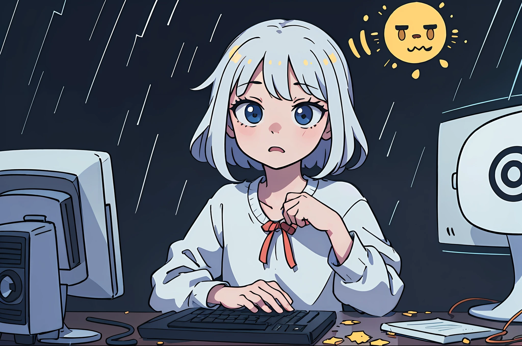 (best-quality:0.8), (best-quality:0.8), perfect anime illustration of a Kawaii Messy "The Sound of Hell", Raining, deep focus, Ultra Detailed, Disgusting, Computer Art, natural lighting, F/5, Kodak portra, vignette, Bright design, High quality, 64K
