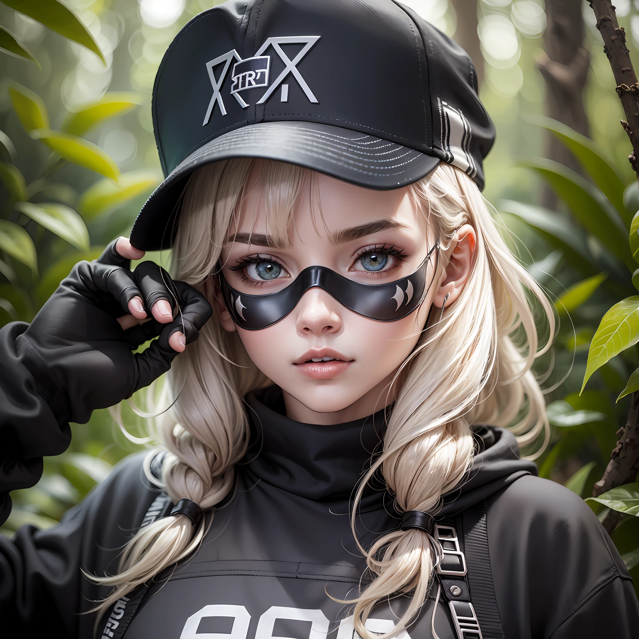 A girl in ultra detailed black beiseboll cap, Ultra Detailed Sweatshirt Black Color Army Style Pants Black Color, Mask on face clown color black and white ultra detailed, Ultra detailed black color sneakers,A gun in your hand , Arma deser desert eagle ultra detalhado, perfect ultra detailed hands, cabelos cor pretos, olhos cor vermelhos brilhantes ultra detalhados,pele branca,((( roupa toda preta))),((sharp picture)),em uma floresta,((anime)), estilo ciberpunk
