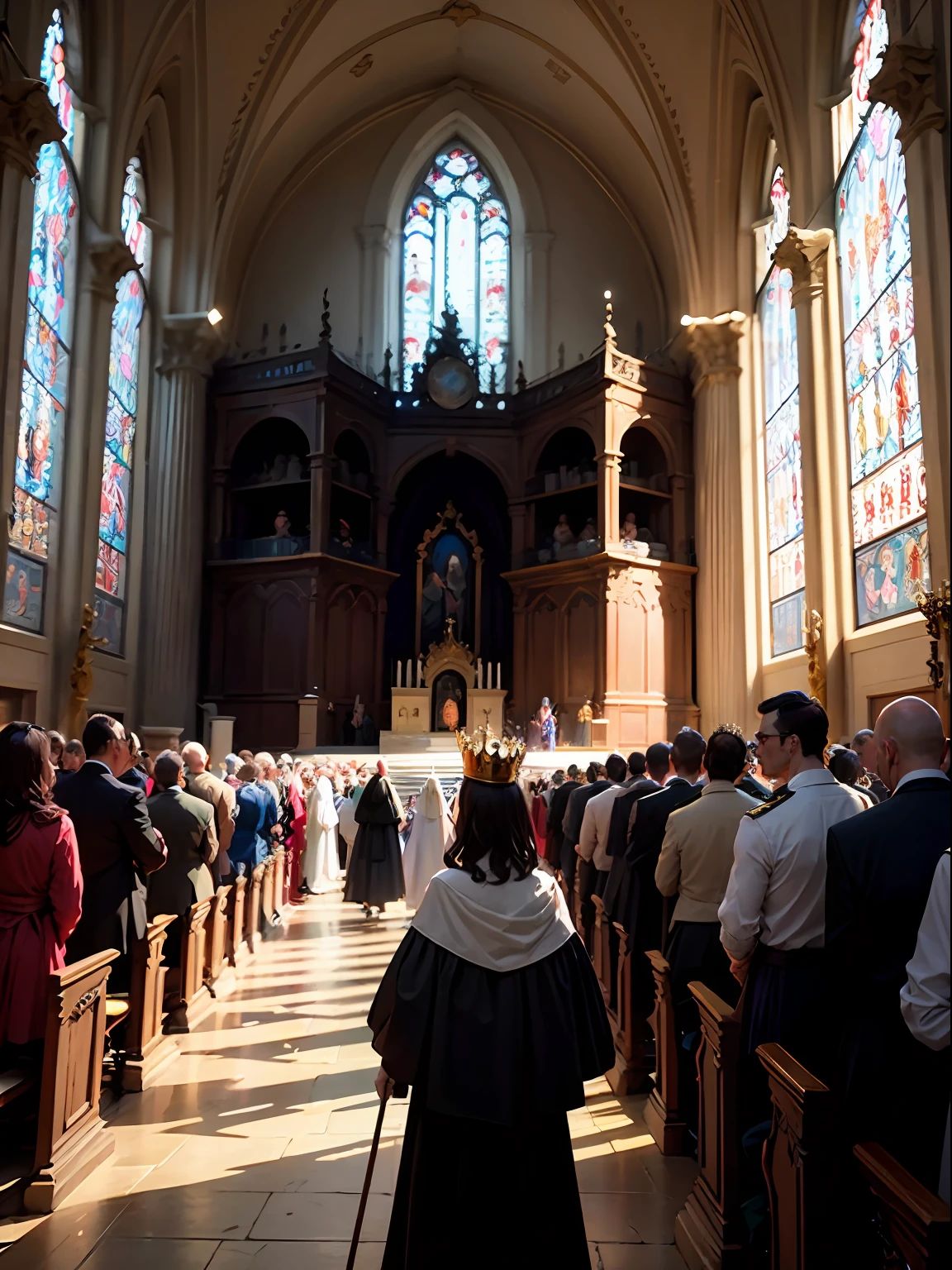 church, Crowning of the king, 16th century dress,Mop the shawl,crown of,crowd people, Grand, Right light, the sideview, Rococo style, Cinematic lighting, wideshot, Perspective, Sideways, Chiaroscuro --auto