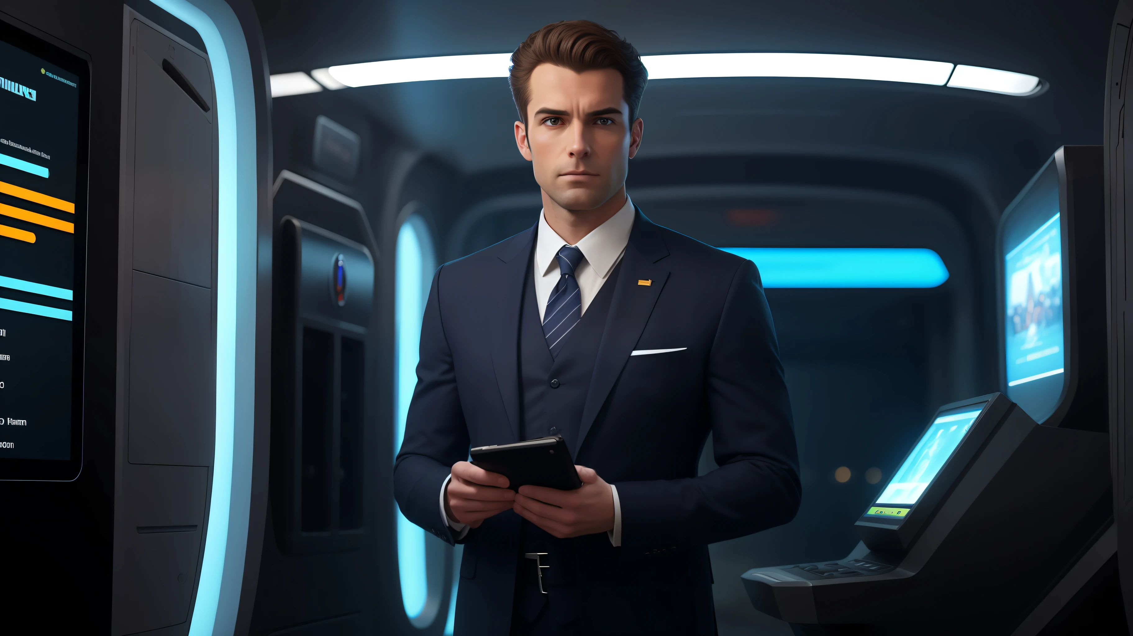 Andrew Harlan is described as a man of average height, with a common and discreet appearance. Ele tem cabelos castanhos escuros, simple hairstyles and expressive eyes that reveal his keen intelligence. His face often reflects a deep seriousness and determination.Como membro da Eternidade, Andrew Harlan wears a distinctive costume that represents his affiliation with the organization. Ele veste um terno preto sob medida, made of an advanced and resistant fabric, que se ajusta perfeitamente ao seu corpo. The suit has an impeccable finish, with clean lines and a sleek look. Harlan also wears a thin, empate discreto, combinando com a sobriedade de seu trabalho.The book's characteristic setting "O Fim da Eternidade" It's a futuristic environment, onde a Eternidade, an organization responsible for controlling time travel, operates in a complex and advanced structure. Andrew Harlan can be found The protagonist is standing, with feet firmly planted on the ground. He maintains an upright and confident posture, expressing determination on your face. His right hand rests lightly on a futuristic console, showing your mastery over technology and time travel. His left hand rests gently on the pocket of his Eternity garment, symbolizing your role as a member of the organization.The setting around the protagonist reflects the futuristic setting of the book. Bright control panels and holographic displays surround the character, displaying temporal information and statistics vital to your mission. Luzes suaves e coloridas iluminam o ambiente, creating an atmosphere of mystery and endless possibilities.This pose captures the essence of the protagonist of "O Fim da Eternidade", ((apontado para o espectador com uma pistola desintegrandora))