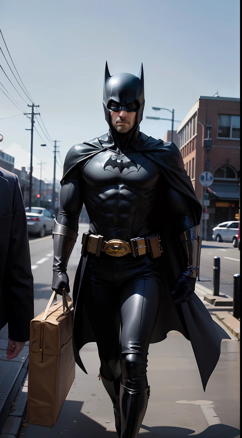 SBen Affleck as Batman. The natural, beautiful, dramatic, dashing, award-winning headstyle, is a real masterpiece of masculine beauty, the face as in the movie, completing the anatomical perfection of a man standing tall in an abandoned city. The setting lighting accentuates the movie-like Batman costume which adds to his confidence. The scenery is lush and mysterious, with the dark city and its surroundings. The camera details everything. When looking into beautiful eyes, there are eyes that will attract people. His gaze is on the viewer, you can clearly see every small detail, every perfect line, every beautiful leather detail with 8K quality, one is captivated by the confidence radiating from each eye. His head is framed with black hair and his face is drawn in meticulous detail using 8K quality images. --auto