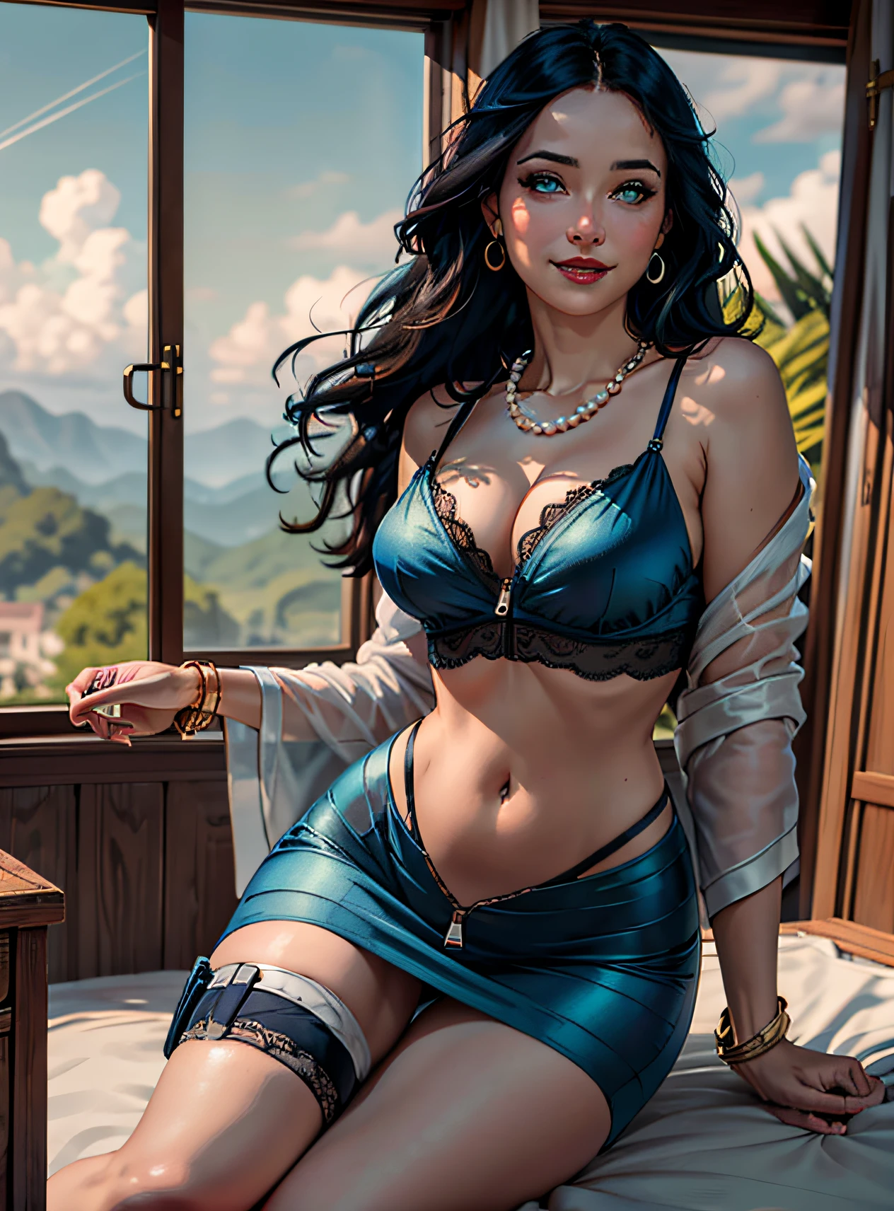 legs open, view of pubic hair,full body, (concept art), masterpiece, best quality, photorealistic, 8k raw photo, a portrait half-body photograph by Tom Bagshaw, tarot card style, [:(detailed face:1.2):0.2], absurdres iris textures, facing viewer, cowboy shot, (photorealistic:1.5), perfect body, a beautiful girl pureerosface_v1, smiling, ankle high heels, wearing transparent black off_shoulder_bandage_dress with gold ornaments, necklace, armband, navel ring, transparent heavy lace cloak made of swan feathers, big boobs, green eyes, long legs, long black hair, rim lighting, lying on bed inside a silky luxurious tent, treasure chests, hills, rainforest, blue sky, clouds, sun style-hamunaptra, DarkFantasy,Perfect Face, Flawless, Clean, Masterpiece, Professional Art, Famous Art, Movie Lighting, Cinematic Flower, perfect face, beautiful face, beautiful eyes, (((perfect female body, narrow waist))), beautiful queen, royal, divine , goddess, (royal palace), fantasy, dreamlike, unreal, (perfect breasts), beautiful clothes, lace, lace trims, lace clothes, lace clothes, breasts out, absurdly long hair, very long hair (rich: 1.4), prestige, luxury, jewelry, diamond, gold, pearl, gem, sapphire, ruby, emerald, intricate details, delicate pattern, sexy, charming, seductive, alluring, erotic, enchanting, hair ornament, necklace, earrings, bracelet, bangle, looking at viewer, unbeatable masterpiece, ultra realistic 8k cg, perfect art, super detailed rendering, masterpiece, high quality, high resolution, detail maniac, high definition, high quality, detailed face, detailed limbs , tank top, no zipper jacket, no bra, no panties, exposed breasts, blush, see -through clothing, exposed pubic hair, camel toes, nicely detailed breasts, beautiful female body, full body, full body on seductive movement, exposed breasts, well detailed breasts