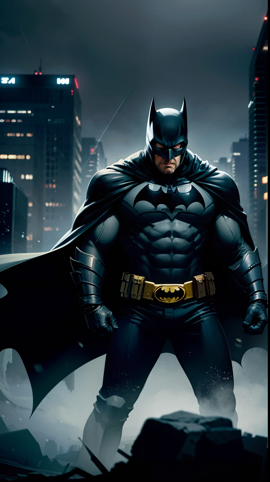 SBen Affleck as Batman. The natural, beautiful, dramatic, dashing, award-winning headstyle, is a real masterpiece of masculine beauty, the face as in the movie, completing the anatomical perfection of a man standing tall in an abandoned city. The setting lighting accentuates the movie-like Batman costume which adds to his confidence. The scenery is lush and mysterious, with the dark city and its surroundings. The camera details everything. When looking into beautiful eyes, there are eyes that will attract people. His gaze is on the viewer, you can clearly see every small detail, every perfect line, every beautiful leather detail with 8K quality, one is captivated by the confidence radiating from each eye. His head is framed with black hair and his face is drawn in meticulous detail using 8K quality images. --auto