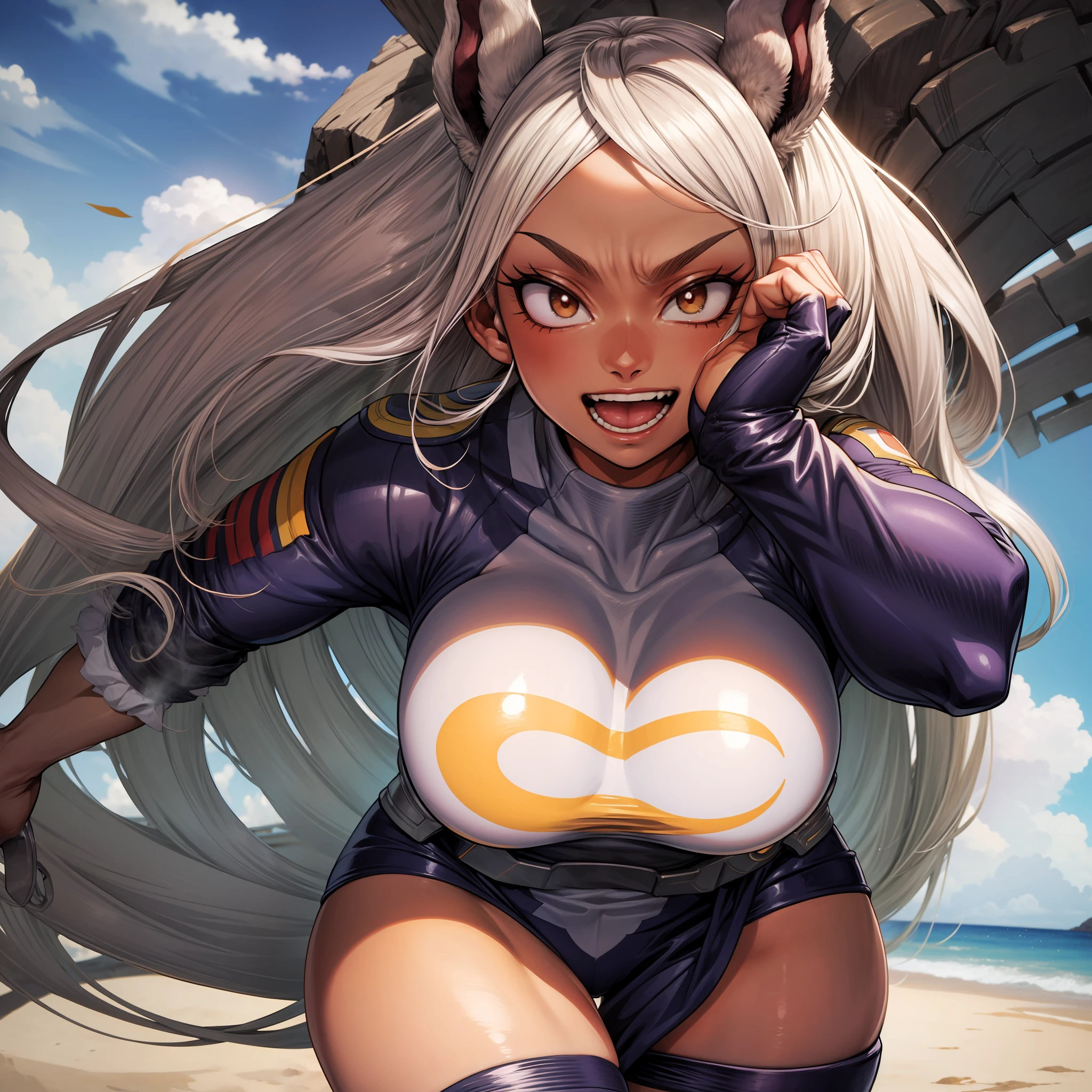 Mirko de My Hero Academia ((obra prima)), alta qualidade, 1 girl, praia, ar livre, pele escura, rosto bonito, garota linda, corpo detalhado, bem feito, olhos, orelhas de coelho, mulher