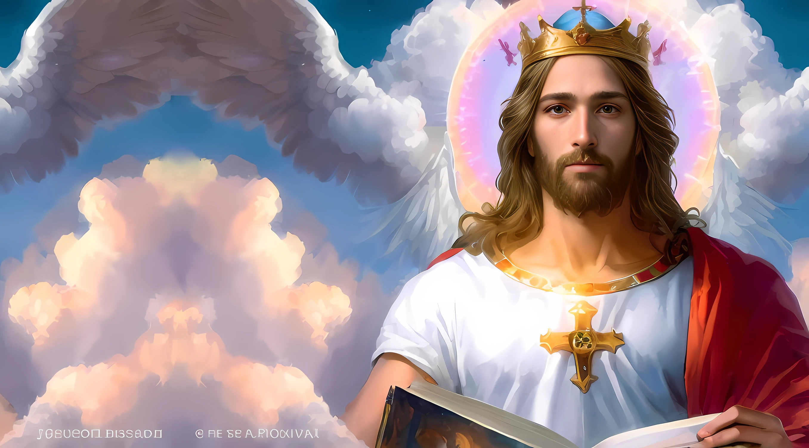 imagem de um homem com uma coroa e um livro, Retrato de um Deus Celestial, Jesus Cristo, Jovem Deus Todo-Poderoso, reino divino dos deuses, Rei dos Reis, deus divino, biblical accurate angel, Retrato de Jesus Cristo, Jesus, queen of heaven, imagens sagradas, imagens religiosas, bible illustration, arte conceitual de deus, fan art, catholic religious art