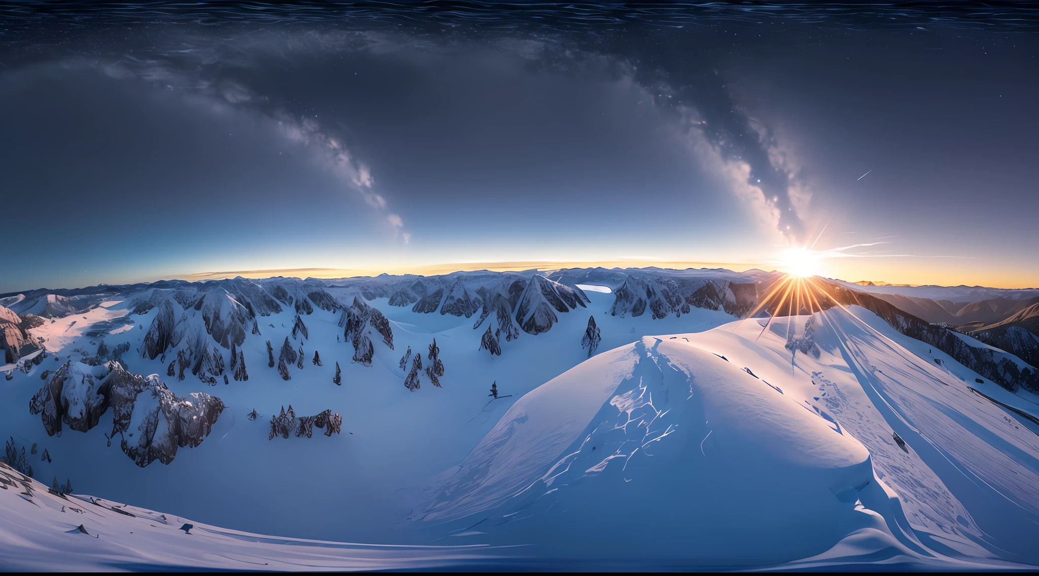 This is surreal and complex CG rendering transparent,Snow Light,夜晚,A circle around a pink light,CG3D effect,Body light,skies,extreme wide angle,Gold reflection,starlit,Ultra-stunning reality 8K with intricate details,Marc ADAMUS landscape photography,Stereoscopic light in real life,symetrical,8K high-definition --auto