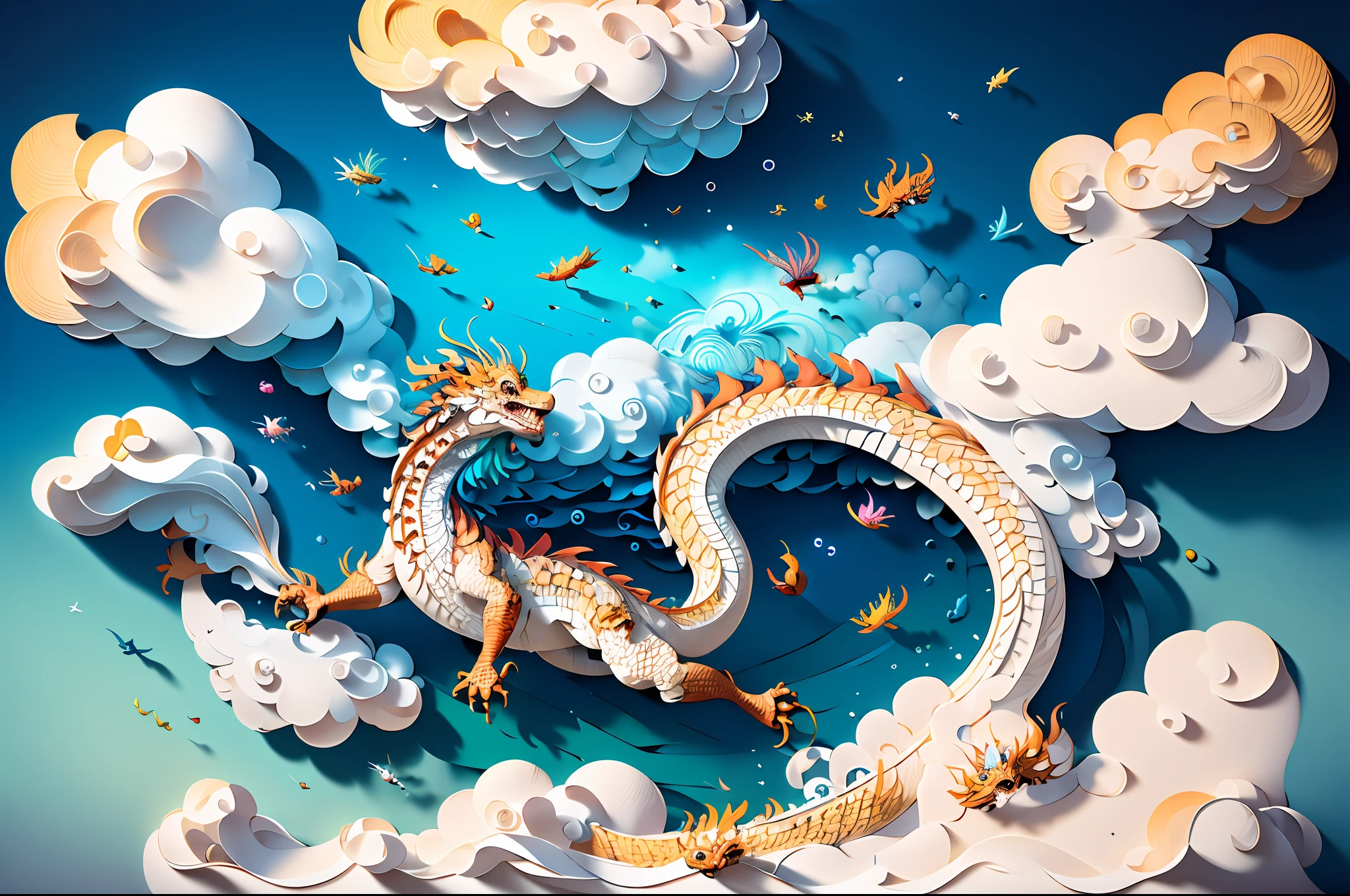 realistic, (best quality, masterpiece:1.3),illustration, chinese dragon, floating in the clouds, cloudy sky, paper_cut,