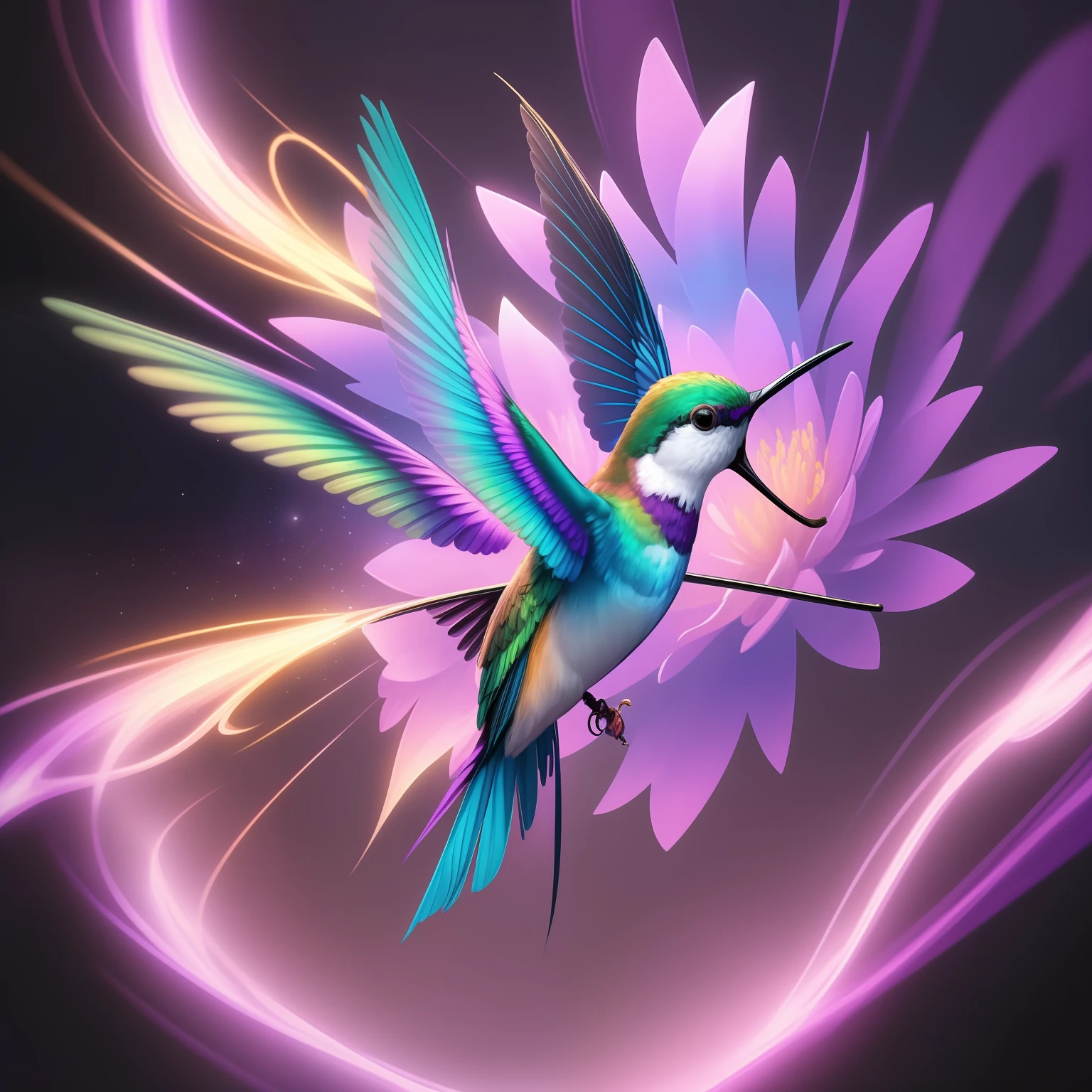 Fantaisie de cristaux, gros plan, Campagnol cristallin flying one colibri, fantaisie, galaxie, Transparent, chatoyant, sparkling, splendide, colorful, Photographie magique, dramatic lighting, photo realism, Ultra-detailed, 4K, profondeur de champ, high - resolution
