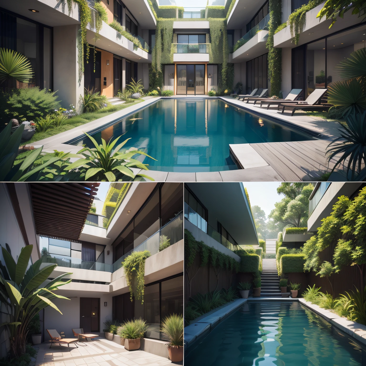 Imagine detalhes da folha de detalhes do concurso de arquitetura de estilo moderno, grande hotel moderno, bastatante detalhado, various images, imagens de exterior e de interior, lots of lush greenery around the hotel with a large swimming pool