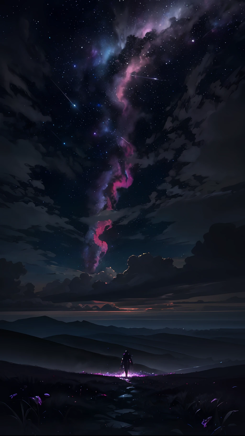 expansive landscape photograph , (a view from below that shows sky above and open field below), a boy with supernatural outfit standing on flower field looking up, absorbing lighting,(portrait:1.2)(lighting strikes:1.2), (shiny hills valley)(dark clouds:1.2), (nebula:1.3), distant mountain, tree BREAK
production art, (warm light source:1.2), (lighting grass:1.2),short trees with super leafs, lot of purple and orange, intricate details, volumetric lighting, realism BREAK,(dark:1.2)
(masterpiece:1.2), (best quality), 4k, ultra-detailed,(supernatural:1.2),(dynamic composition:1.4), highly detailed, colorful details,( iridescent colors:1.2), (glowing lighting, atmospheric lighting), dreamy, magical, (solo:1.2)