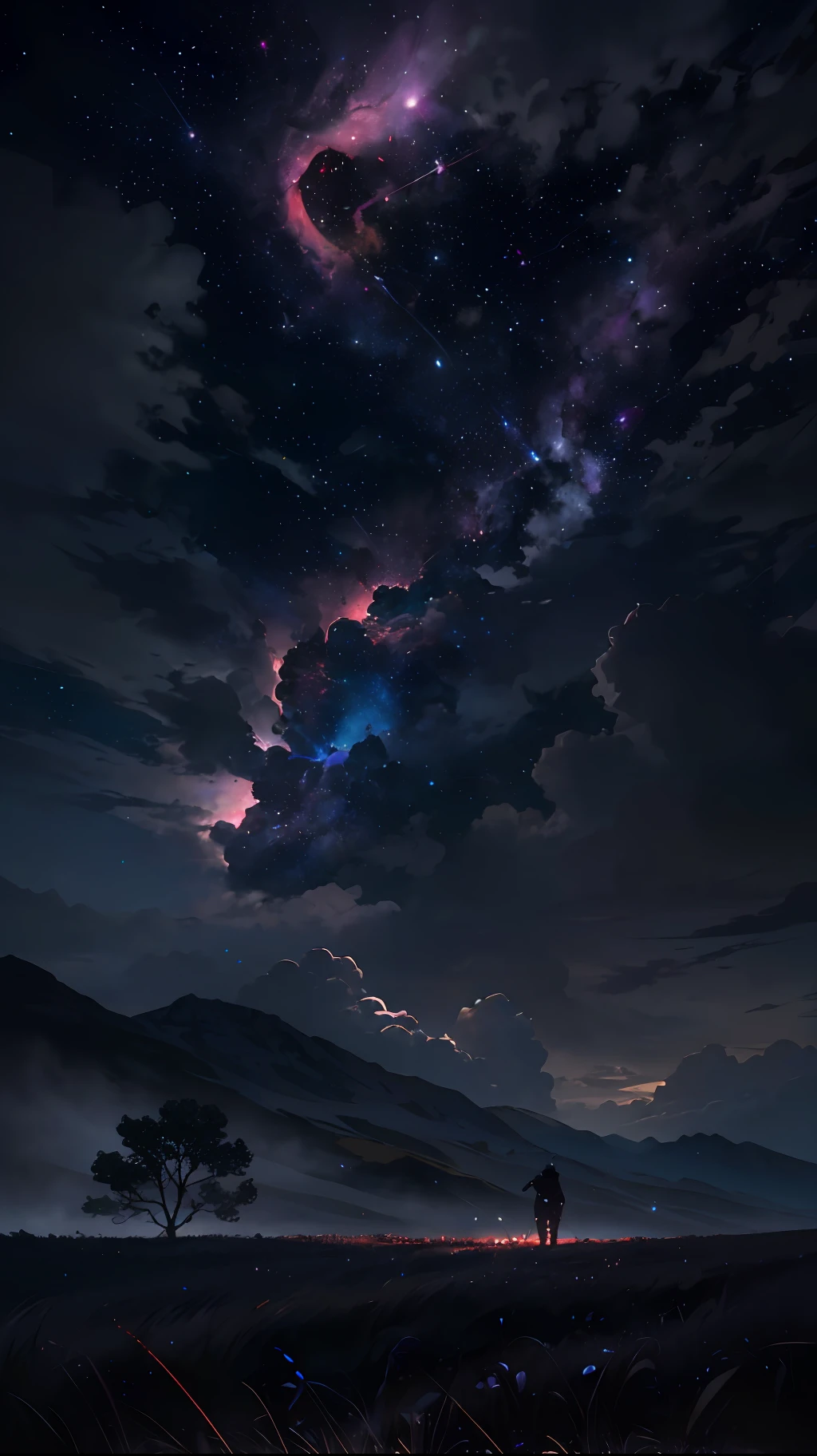 expansive landscape photograph , (a view from below that shows sky above and open field below), a boy with supernatural outfit standing on flower field looking up, absorbing lighting,(portrait:1.2)(lighting strikes:1.2), (shiny hills valley)(dark clouds:1.2), (nebula:1.3), distant mountain, tree BREAK
production art, (warm light source:1.2), (lighting grass:1.2),short trees with super leafs, lot of purple and orange, intricate details, volumetric lighting, realism BREAK,(dark:1.2)
(masterpiece:1.2), (best quality), 4k, ultra-detailed,(supernatural:1.2),(dynamic composition:1.4), highly detailed, colorful details,( iridescent colors:1.2), (glowing lighting, atmospheric lighting), dreamy, magical, (solo:1.2)
