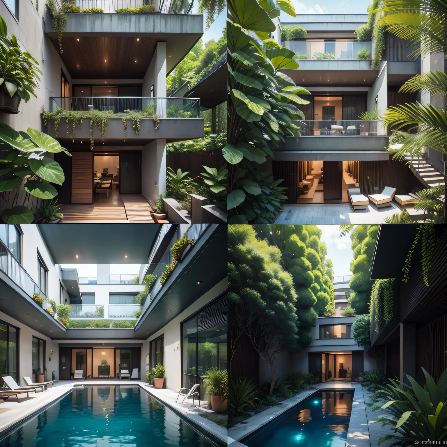 Imagine detalhes da folha de detalhes do concurso de arquitetura de estilo moderno, grande hotel moderno, bastatante detalhado, various images, imagens de exterior e de interior, lots of lush greenery around the hotel with a large swimming pool