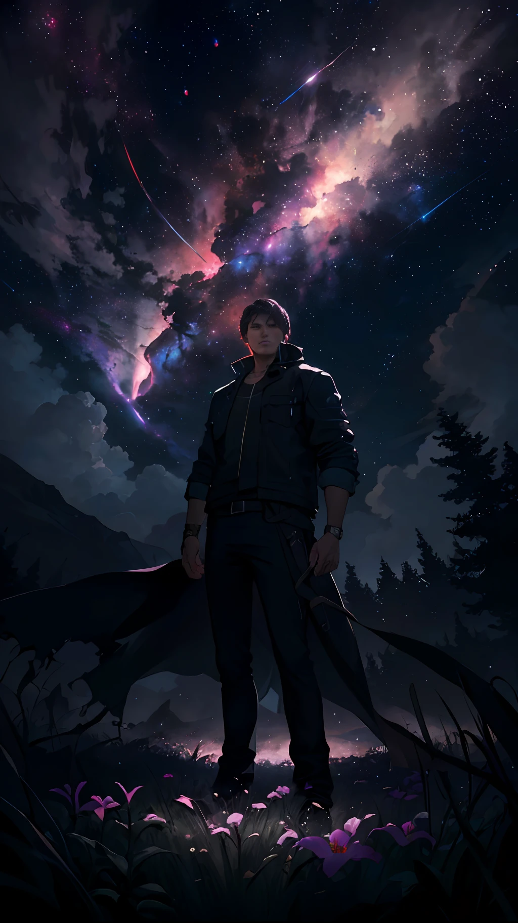 expansive landscape photograph , (a view from below that shows sky above and open field below), a boy with supernatural outfit standing on flower field looking up, absorbing lighting,(portrait:1.2)(lighting strikes:1.2), (shiny hills valley)(dark clouds:1.2), (nebula:1.3), distant mountain, tree BREAK
production art, (warm light source:1.2), (lighting grass:1.2),short trees with super leafs, lot of purple and orange, intricate details, volumetric lighting, realism BREAK,(dark:1.2)
(masterpiece:1.2), (best quality), 4k, ultra-detailed,(supernatural:1.2),(dynamic composition:1.4), highly detailed, colorful details,( iridescent colors:1.2), (glowing lighting, atmospheric lighting), dreamy, magical, (solo:1.2)