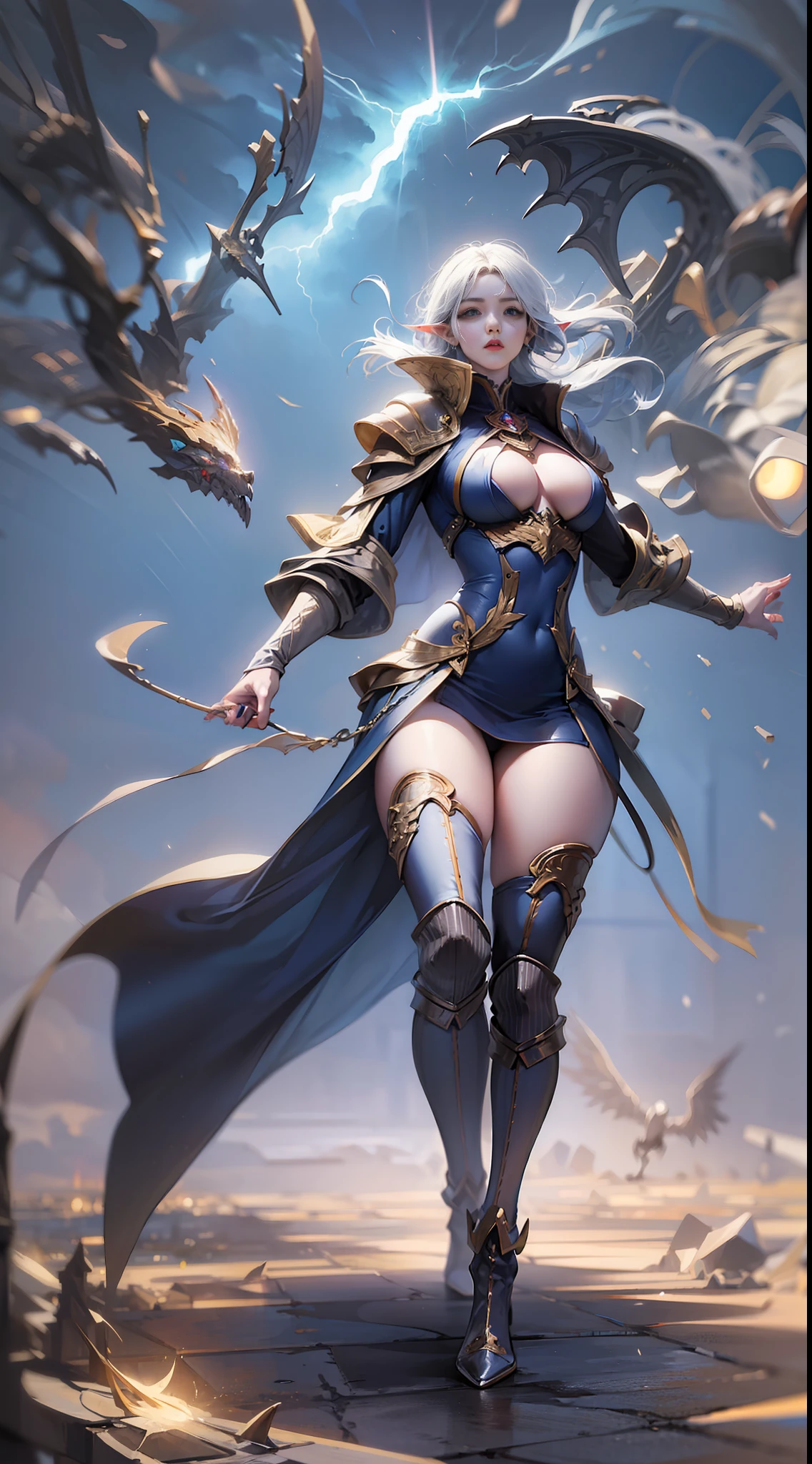Very detailed detailed photos, ultraclear, Best image quality, highest resolution, Advanced, nmasterpiece, 16k, Ray tracing, Particle light,FULL-BODY PHOTO, A beautiful female elf,Exquisite face details, realistic skin textures, realistic and perfect figure, correct skeletal anatomy,(In the background is a huge castle),Wearing a mage cloak,Both hands manipulate the thunder and lightning,Combat posture,Lightning and thunder in the sky