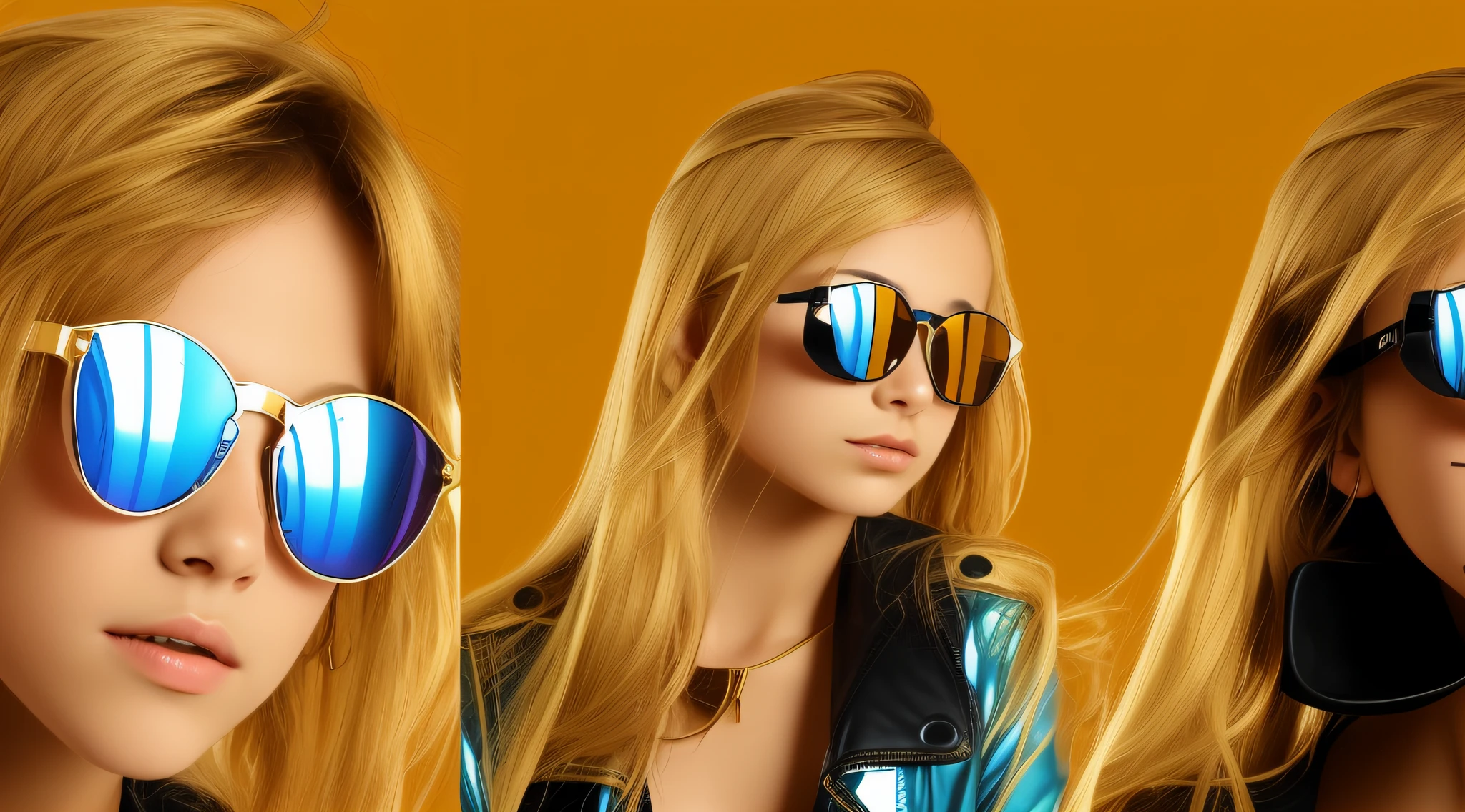 there are three pictures of a girl with sunglasses on, futuristic glasses lenses, with sunglass, mirror shades, with mirrorshades sunglasses, futuristic sunglasses, next gen, futuristic yellow lens, futurisitc sunglasses, wearing mirrored sunglasses, futuristic, with sunglasses, , wearing gold glasses, wearing cool sunglasses, glossy shiny reflective, designer sunglasses, cool sunglasses