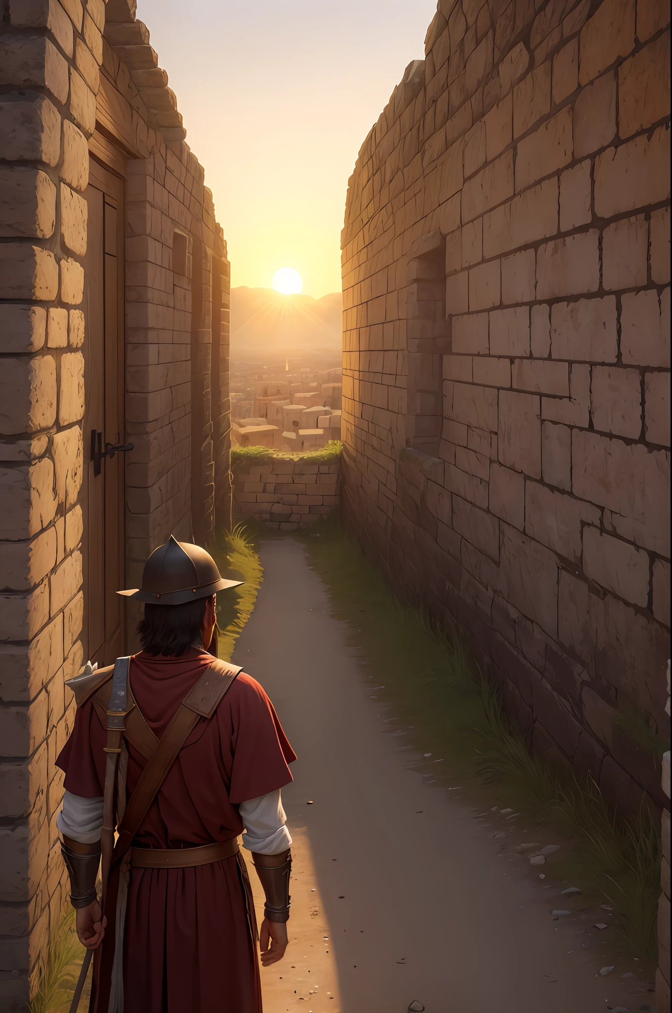 vista frontal, sun sunset, historical image, Antigo Testamento, 1600 anos antes de Cristo, a Canaanite warrior acts as a sentry behind the battlements of the biblical city wall of Jericho, There is a torch hanging from the wall in front of the warrior, a luz da tocha ilumina seu rosto, The city is surrounded by thick walls, historical context, historical fidelity, cores quentes, 4k, HDR