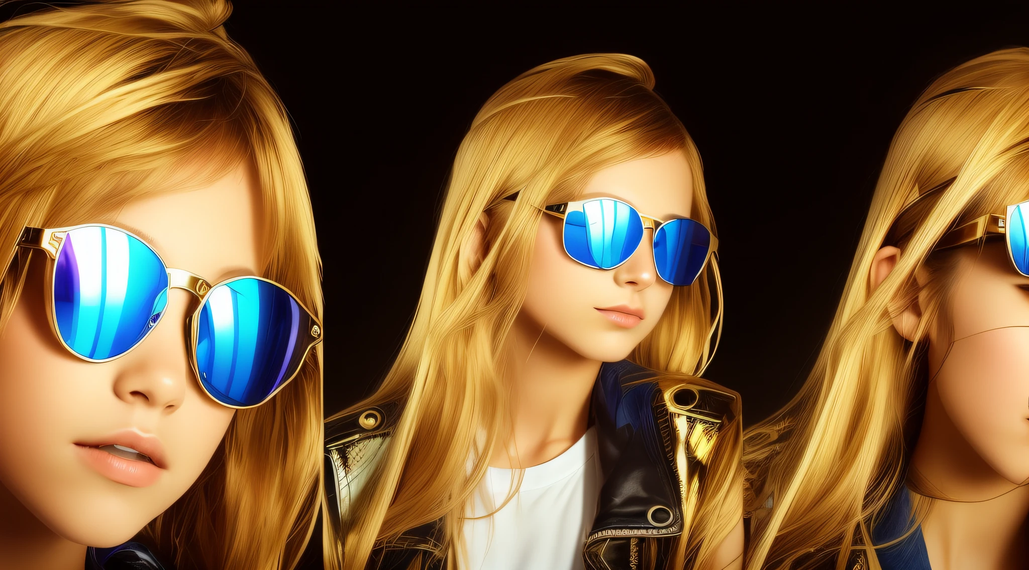 there are three pictures of a girl with sunglasses on, futuristic glasses lenses, with sunglass, mirror shades, with mirrorshades sunglasses, futuristic sunglasses, next gen, futuristic yellow lens, futurisitc sunglasses, wearing mirrored sunglasses, futuristic, with sunglasses, kids, wearing gold glasses, wearing cool sunglasses, glossy shiny reflective, designer sunglasses, cool sunglasses