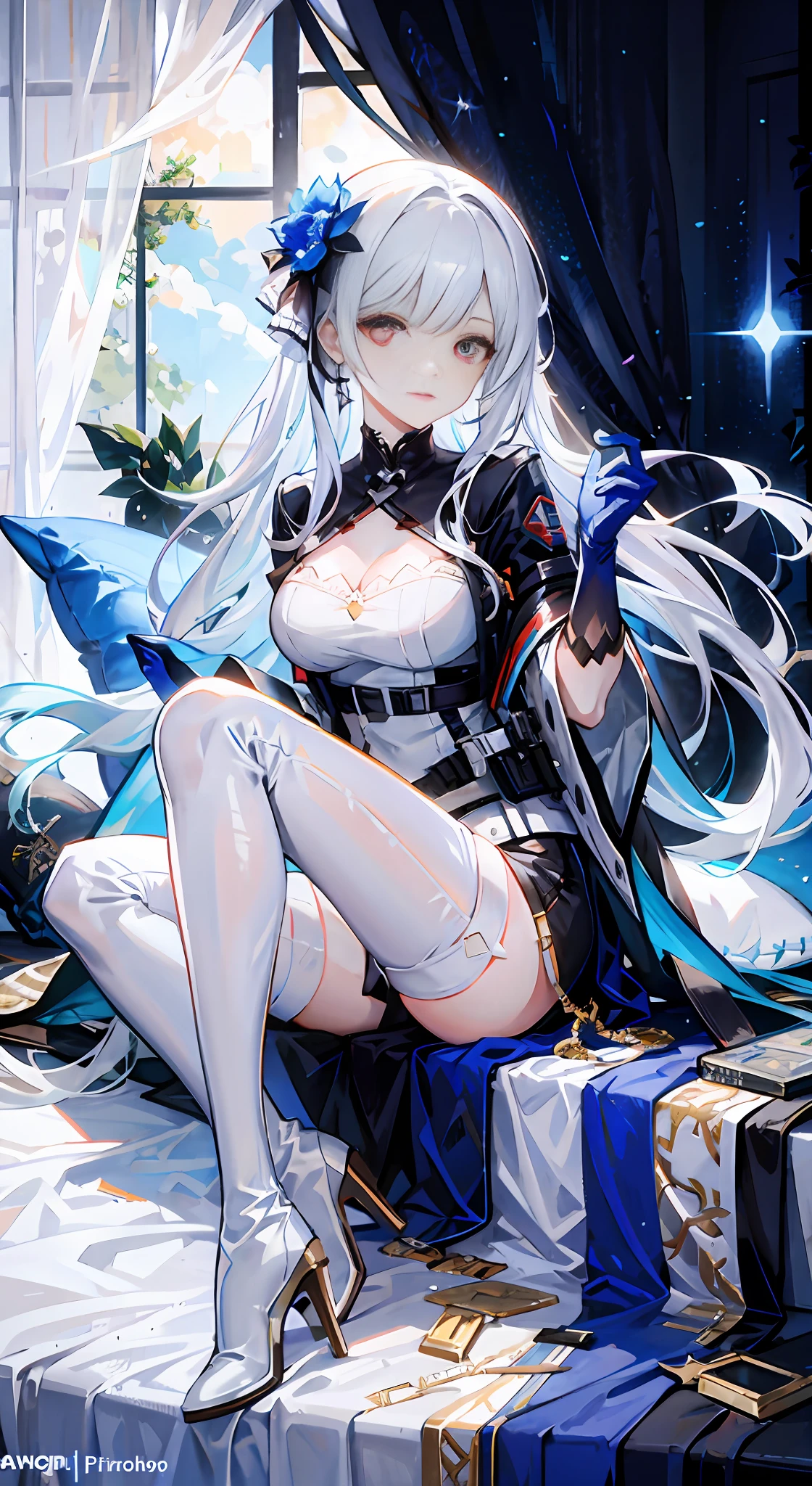 White long hair，Red pupils，White suspender thigh boots，white long gloves，White elbow long gloves，White high-heeled thigh boots，White thigh boots，White belt，White leg rings，white  dress，Blue sole，sit on bed，White corset，your legs，Blue belt，ornate clothes，Anime girl sitting on bed，Wearing a blue and white dress, from girls frontline, from arknights, Fine details. Girl Front, azur lane style, come from《azur lane》videogame, girls frontline style, trending on artstation pixiv, 《azur lane》role, girls frontline universe, Girls Frontline CG, Guweiz in Pixiv ArtStation, Girl Front