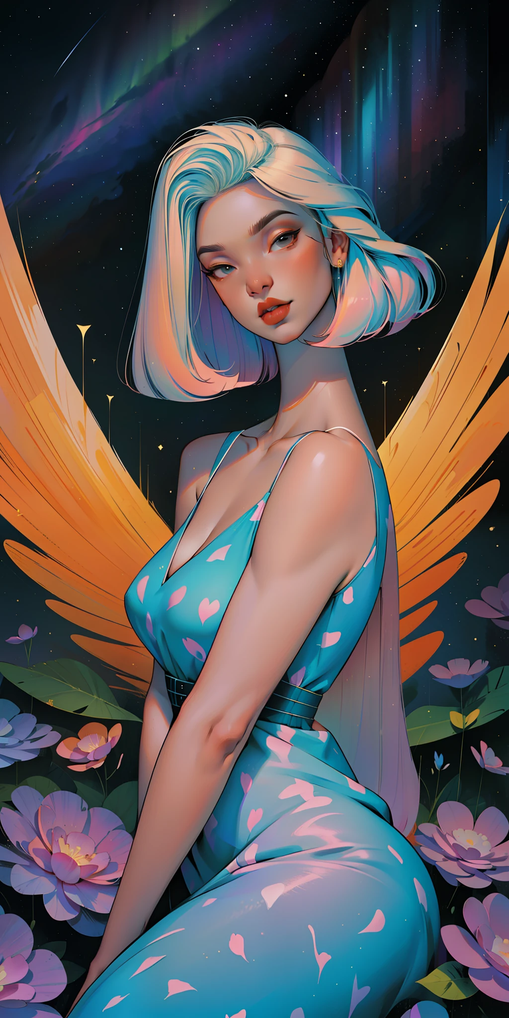 a goddess, A glorious sunrise, aura, glow, multi-colored bright aurora borealis, Spectrum Rainbow,Colored Angel Wings, feathers, In a chic, lavender white mint hair,  pastel, mixed-language_SMS, (beautiful and clear background:1.2),, fantastic paintings , olhos altamente detalhados, crystals,   outer space, galaxy, Gorgeous hair, Background Flora Peony, poppy, hydrangea, Plants. Loving. Love. ultra detailed hair, Best Quality, hig quality, highly resolution, detail enhancement, ((most beautiful image in the world)), Masterpiece, Best Quality, High Quality Detail Enhancement, ((most beautiful image ), Shiny hair, ultra chic polka dot dress, Print, Stampa Flores, art by stjepan sejic, art by j scott campbell, art by guillem march, art by citemer liu, 4k, highly resolution, comic book character, comic, high quality detailed,   style of ::2.0 comix illustration style,tatoon style, hig quality, highly resolution, detail enhancement, 8K, HD, Best Quality, hig quality, highly resolution, detail enhancement, 8K, HDR, Sharp focus, Ultra Detailed, perfect illumination, Curvy Body, Lush breasts, Curvy hips, Sits, sparks, Stars, The Cycle of the Stars