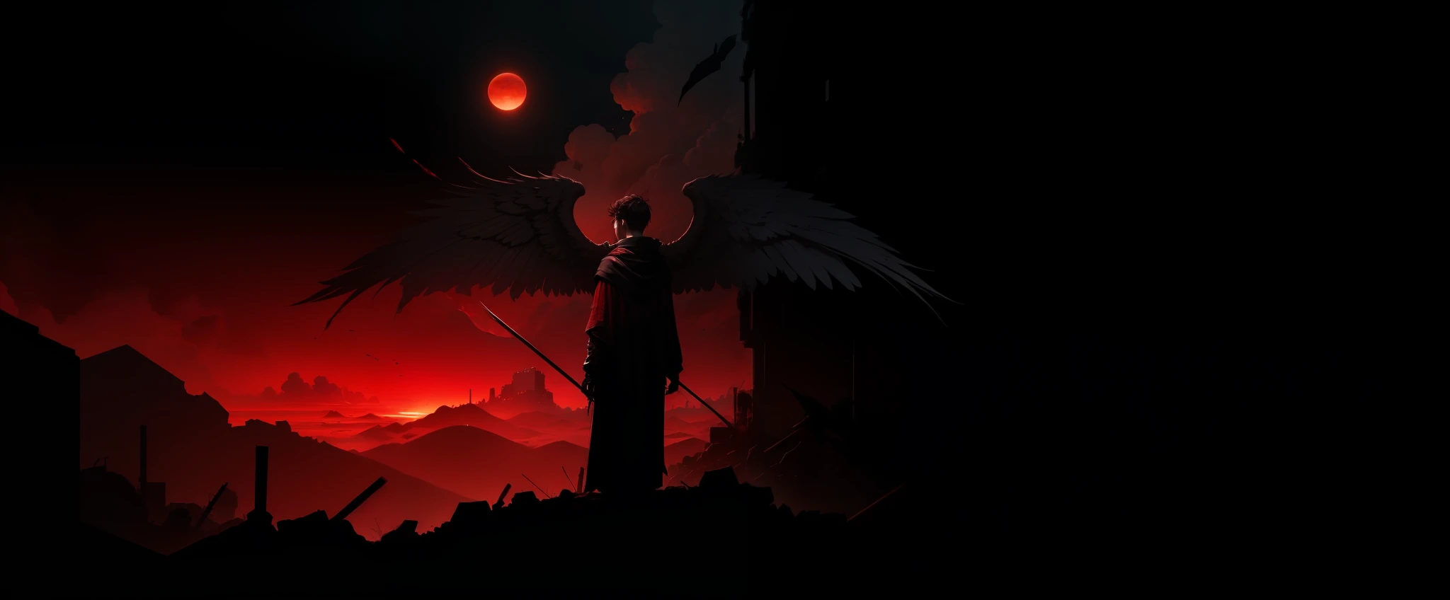Blood-red sun Black and red background Boy with black cloak all over Man holding a blood-red spear A pile of ruins and corpses around him