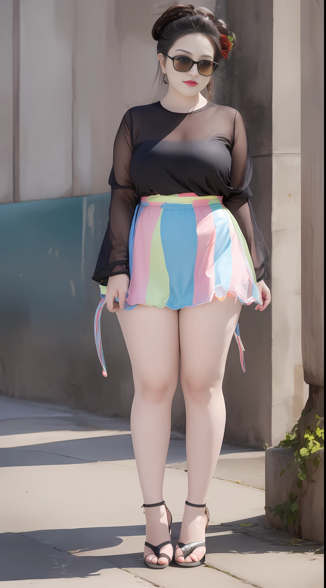 Tall plus-size cute girl,Wear a short skirt,high heel shoes,Summer style outfit,A cool summer,Street photography style,Rainbow color scheme for clothes,Height 180,Big thick legs,Long legs, Long legs,Bright colors,Taste of summer,,Rich families,White skin and beautiful appearance,sunglasses,Casual skirt set