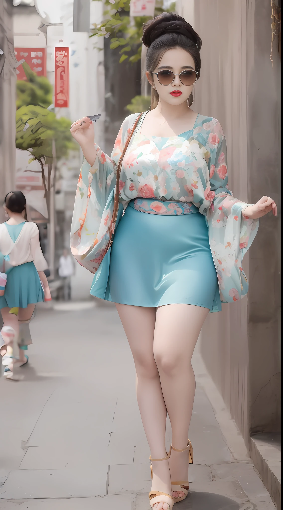 Tall plus-size cute girl,Wear a short skirt,high heel shoes,Summer style outfit,A cool summer,Street photography style,Rainbow color scheme for clothes,Height 180,Big thick legs,Long legs, Long legs,Bright colors,Taste of summer,,Rich families,White skin and beautiful appearance,sunglasses,Casual skirt set