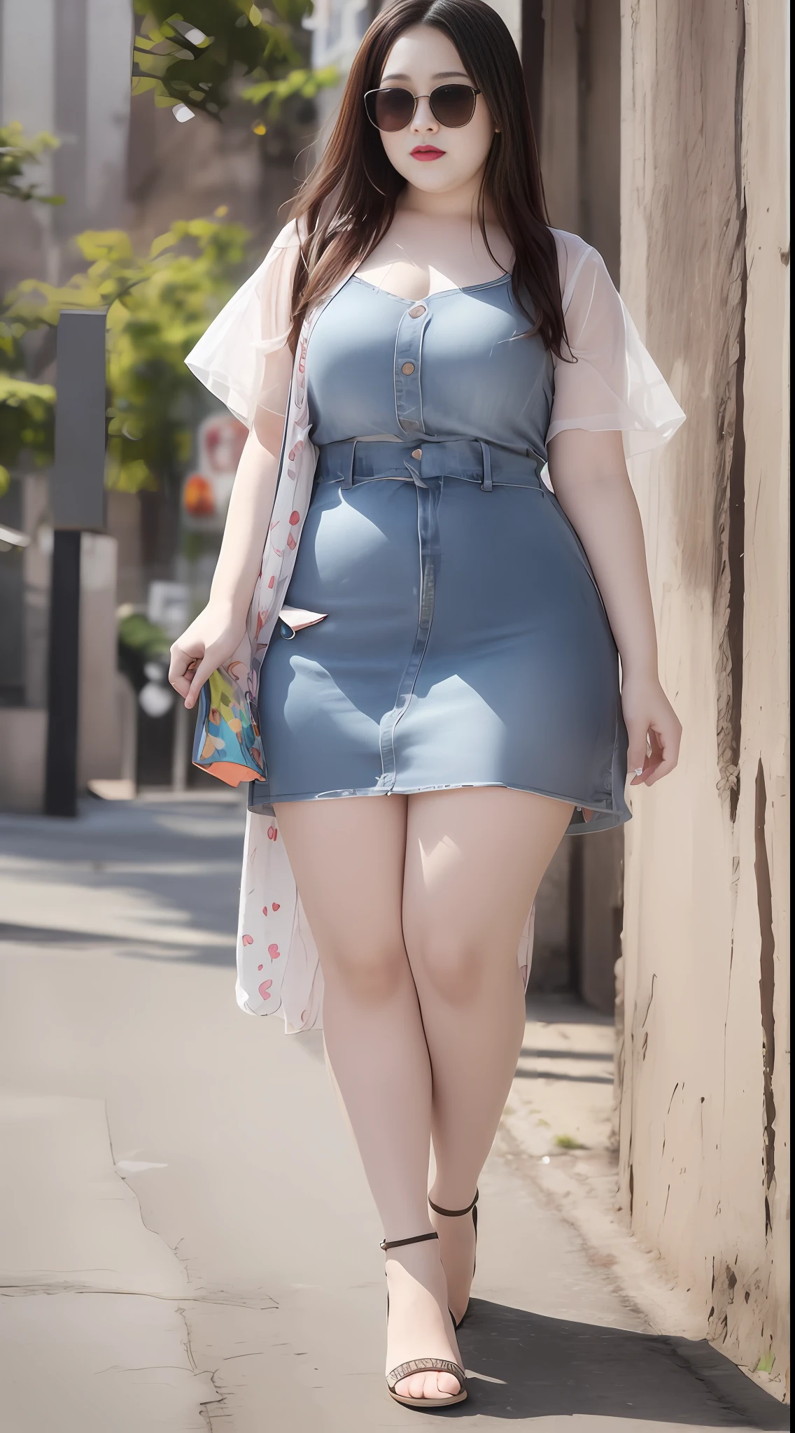 Tall plus-size cute girl,Wear a short skirt,high heel shoes,Summer style outfit,A cool summer,Street photography style,Rainbow color scheme for clothes,Height 180,Big thick legs,Long legs, Long legs,Bright colors,Taste of summer,,Rich families,White skin and beautiful appearance,sunglasses,Casual skirt set