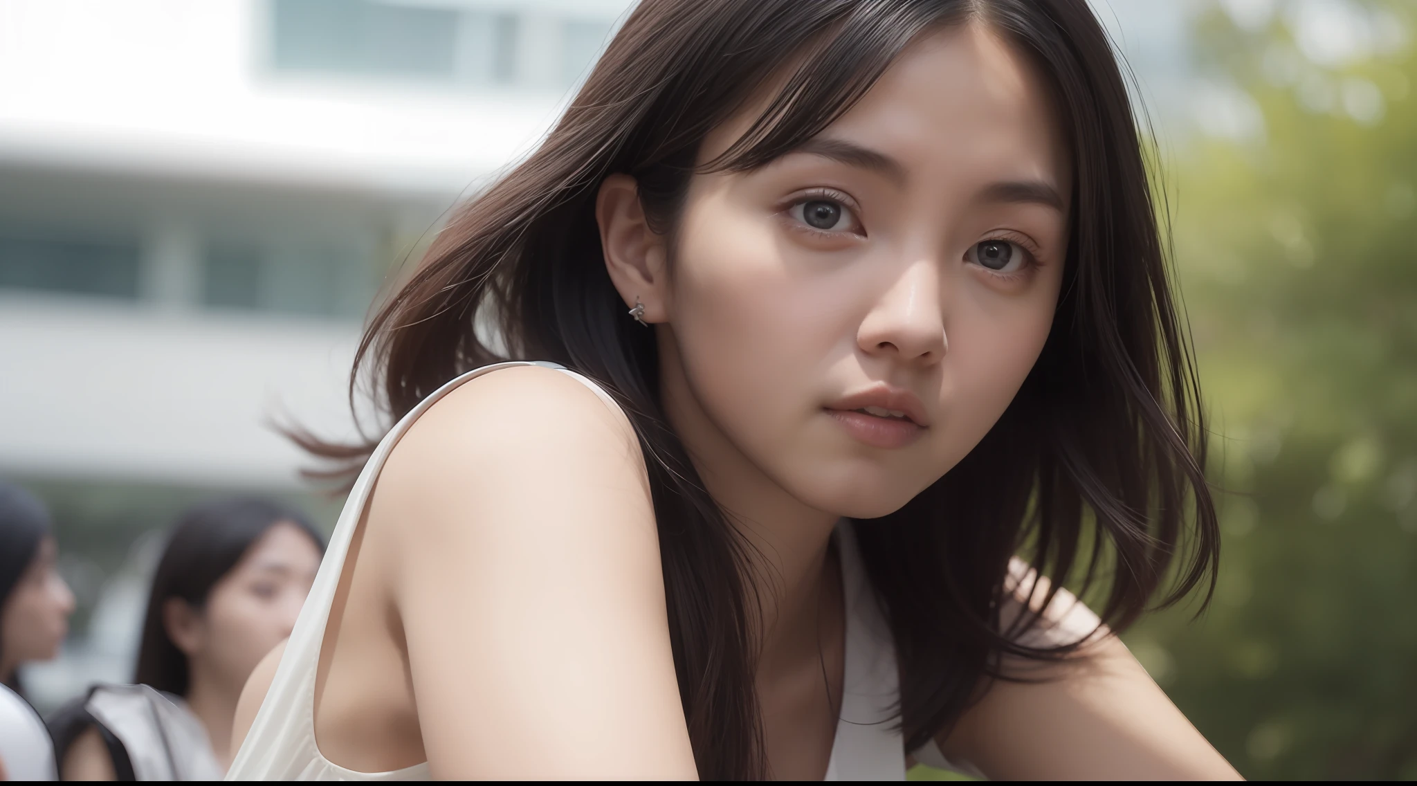 (OriginalPhoto:1.2), (extremely lifelike:1.4), Beautiful and delicate Japanese girl, Very detailed eyes and face, beautiful details eyes,Pavilion thighs, Small round buttocks, Absurde, Incredibly ridiculous, hugefilesize, Super detailed, high resolucion,最佳质量,Intricate details,high detailes,Clear focus,Detailed skin,realistic skin textures,Texture, ((White tight sheer dress,White boots)), illustration, 8k壁紙, astonishing, fine detailed, of the best quality,Ultra photo realsisim, photoRealstic, 8K UHD, light on face, cinematiclight, 1girls, 16yearsold, Long black curly hair,outdoors,Futuristic style architectural background on left, (crowd people:1.2),((全身,dynamicpose:1.2))),
