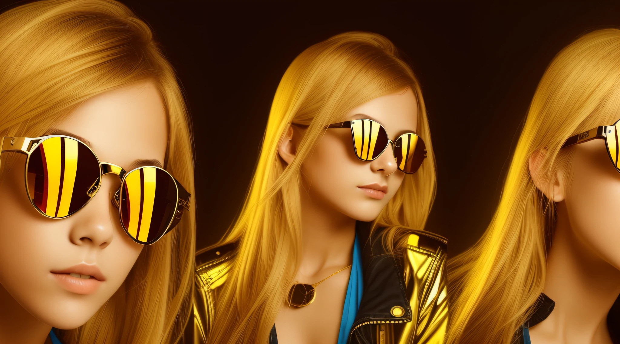 there are three pictures of a girl with sunglasses on, futuristic glasses lenses, with sunglass, mirror shades, with mirrorshades sunglasses, futuristic sunglasses, next gen, futuristic yellow lens, futurisitc sunglasses, wearing mirrored sunglasses, futuristic, with sunglasses, kids, wearing gold glasses, wearing cool sunglasses, glossy shiny reflective, designer sunglasses, cool sunglasses