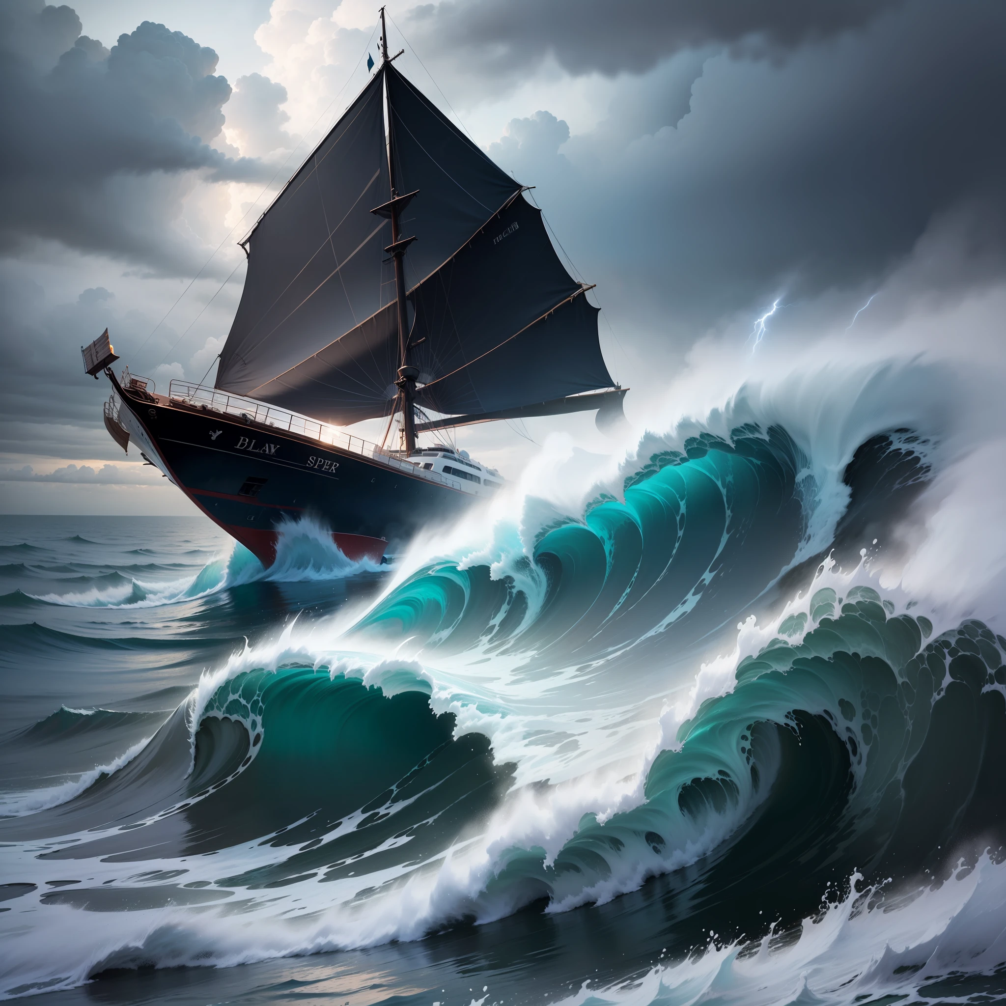 Big boat with a man black social clothing black on high seas ocean big waves boat sinking falling breaking rough sea dark night half dark thunder storm rain rays raining drizzle drizzle