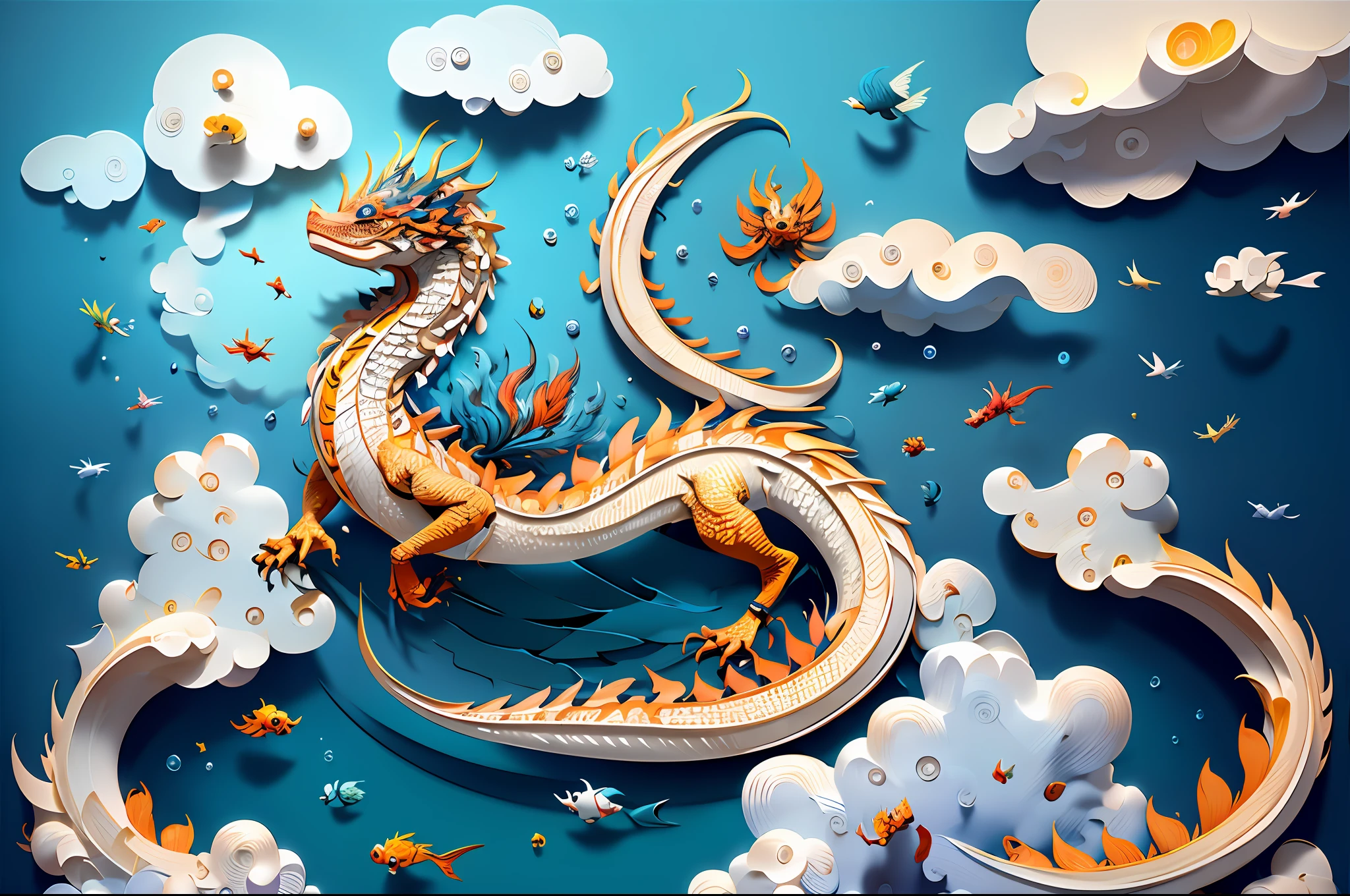 realistic, (best quality, masterpiece:1.3),illustration, chinese dragon, floating in the clouds,  cloudy sky, paper_cut,