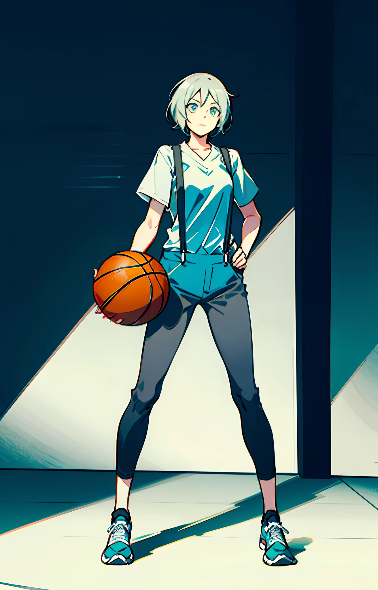 Gray pants，White suspenders，Black top，Split head in gray，shonen，Handheld basketball，white backdrop，Full Body Portraits，Character setting drawings