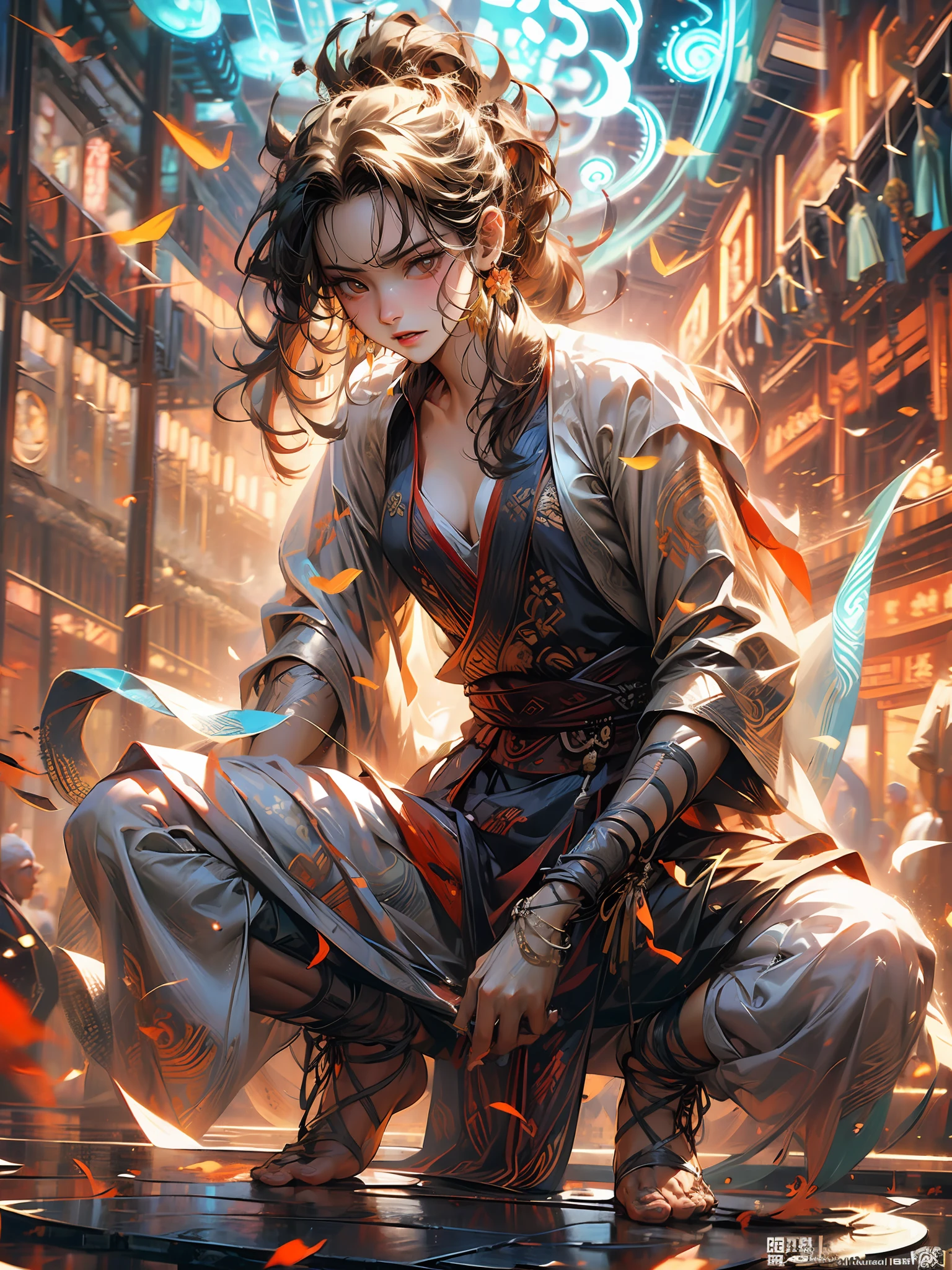 巨作,(最佳质量),highly detaild,Ultra-detailed,(1人),Blind,Bald,Monk,half-squatting,fightingpose,clothesfluttering,dustflying,Brown:0.8),(Orange:0.6),(Yellow:0.4),Fierce,Energetic,Determined,(Sun:0.7),(Sky:0.6),(Clouds:0.5),(Sand:0.4),(Wind:0.3),Barefoot,emptyhands,Muscular,Shirtless,nopupils,whiteeyes,fierce-looking,Standontheground,solo dance,arma,Cleavage,magiccircle,xiuxian