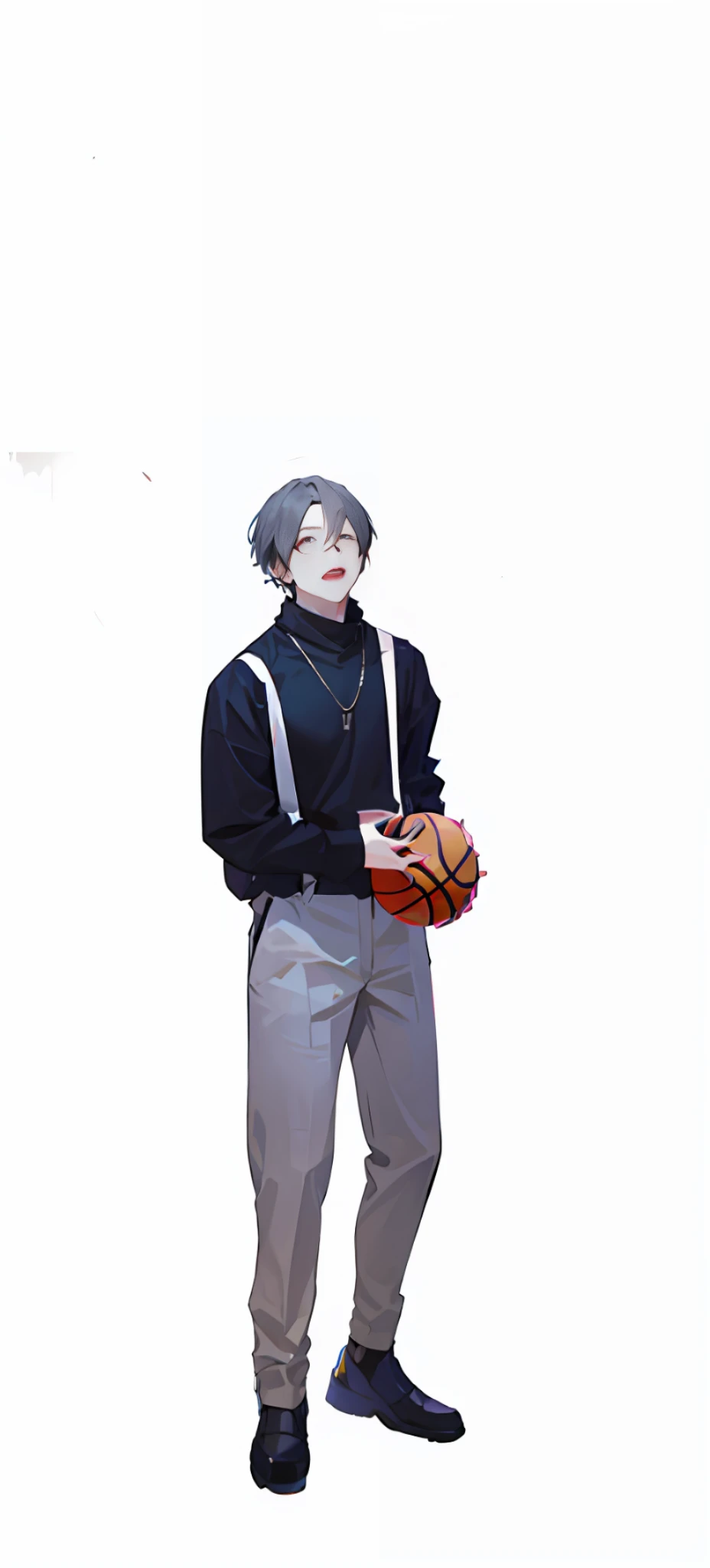 Gray hair,Black top,White suspenders,Gray pants,Handheld basketball,Cai Xukun's,male ,shonen