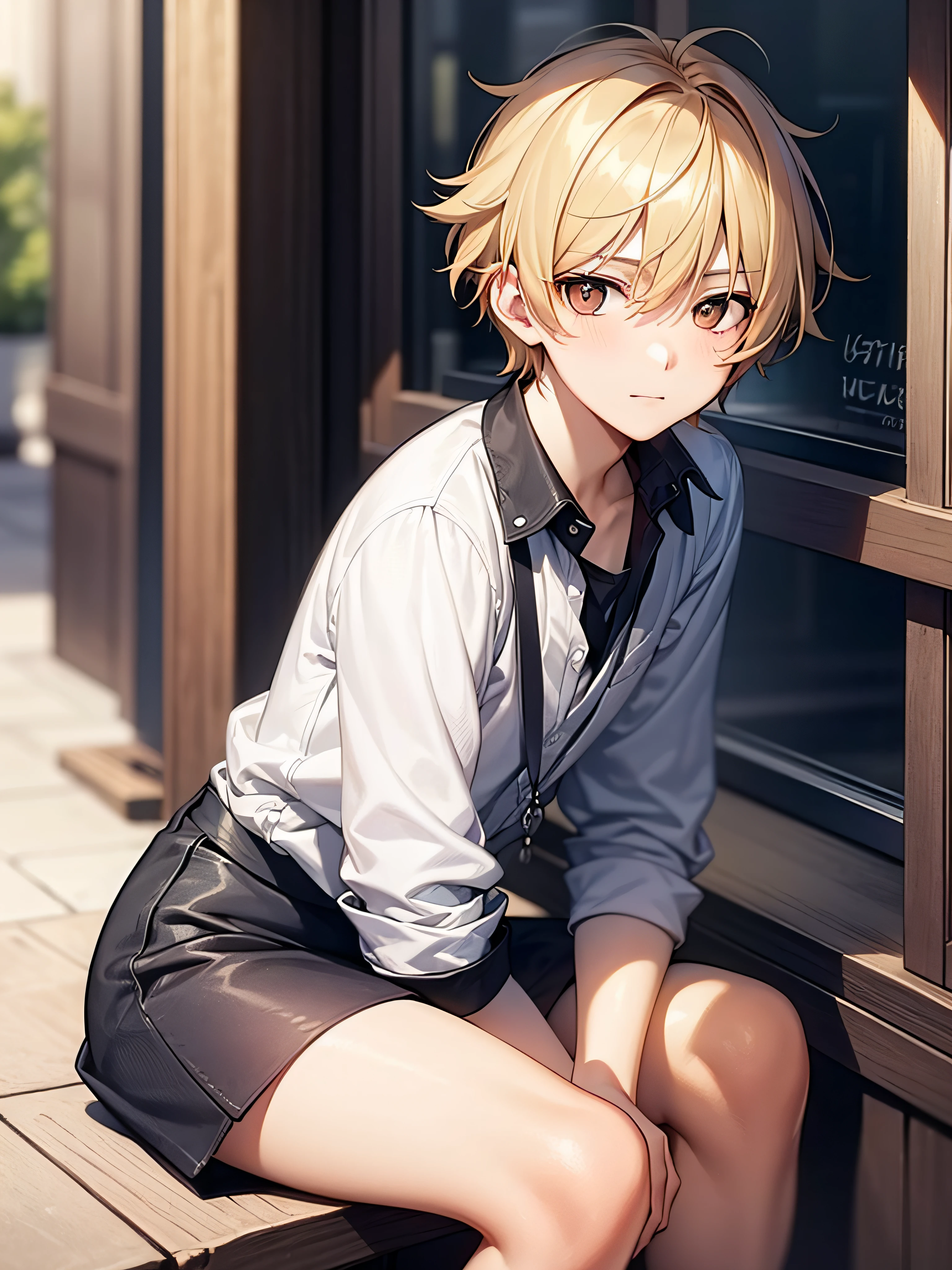 A 16 year old boy with short blonde hair and brown eyes sitting outside of a cafe looking submissive and shy with feminine look, Anime, SFW, Best Quality