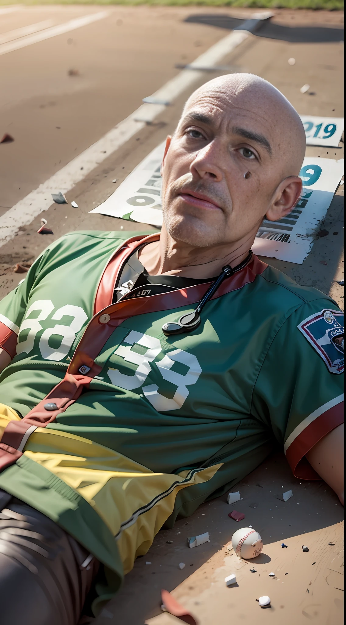 paramedics on a little League baseball field, ambulance car, 68 year old half bald masculine man, normal clothes, lying on the ground wounded