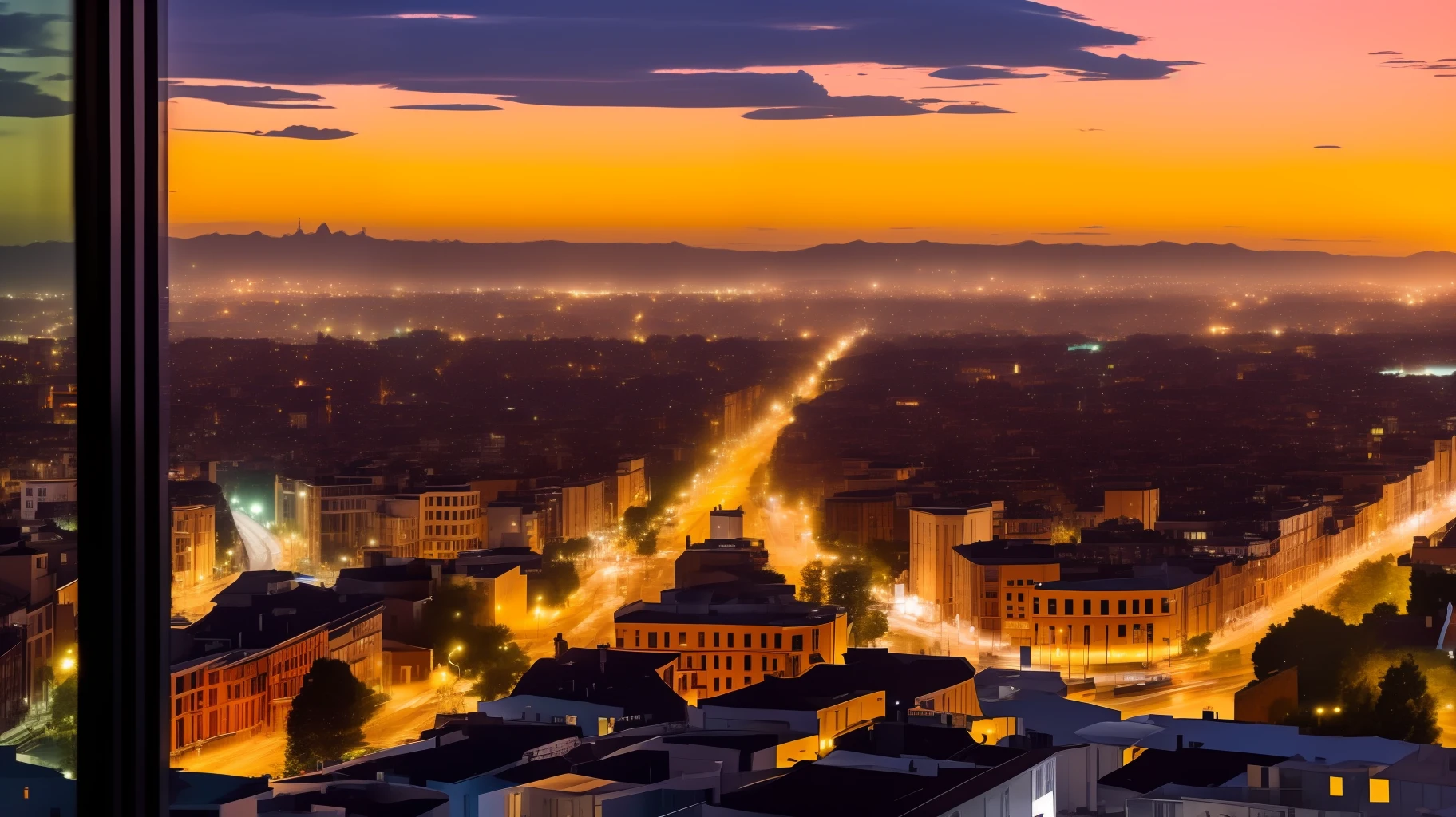 nighttime view of a city from a window with a city view, raining day --auto