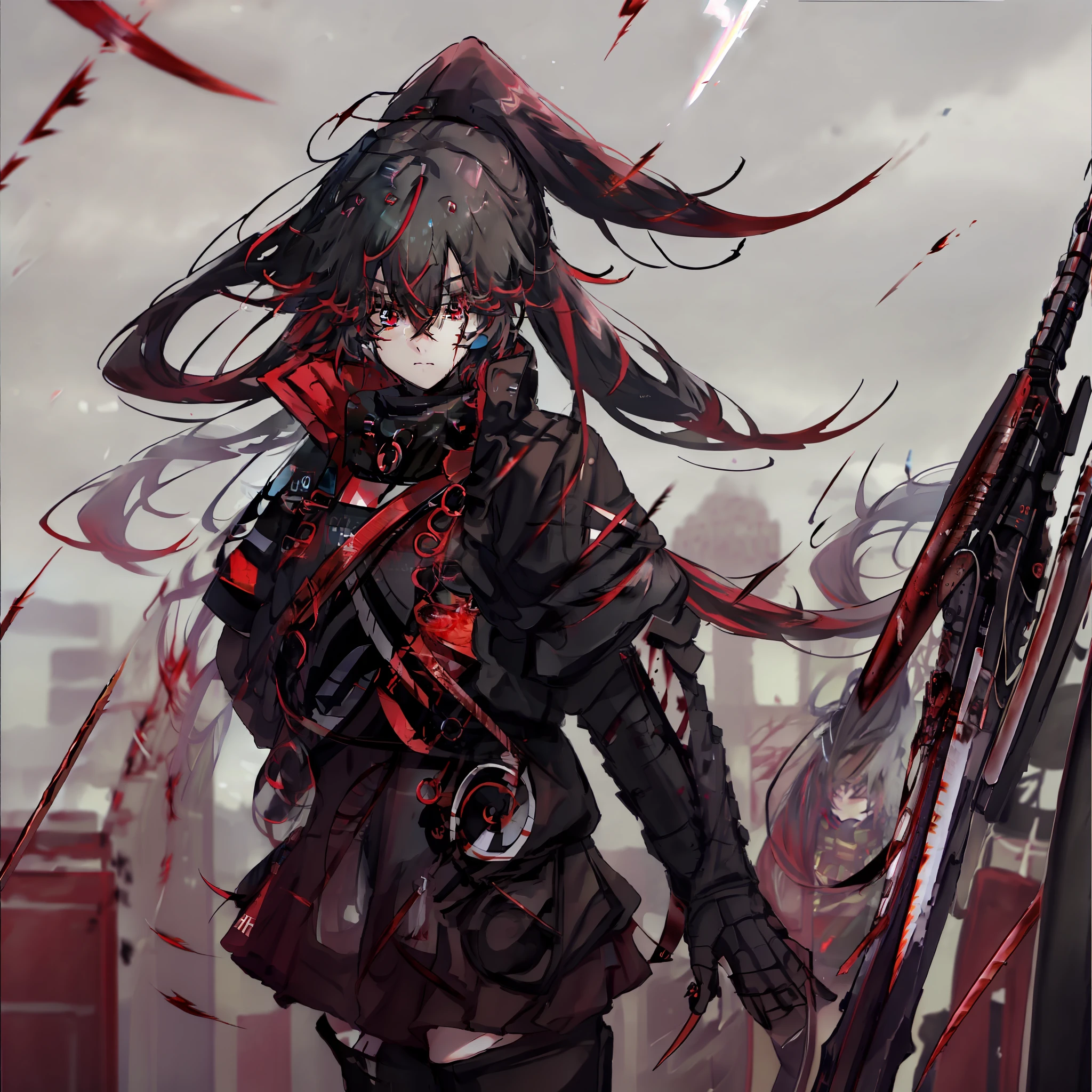 masterpiece, best quality, best quality,Amazing,1girl,finely detail,Depth of field,extremely detailed CG unity 8k wallpaper, masterpiece, full body,(loli),(white hair), red streaked hair, red eyes, (full body),red hair, (((with sword))), angry face，(beautiful detailed eyes), Blood drop,Blood fog, floating hair,light shafts, soft focus, character focus,disheveled hair,long bangs, hairs between eyes, looking at viewer,lowing hair, floating, Splashing blood,Long hair,(Bloodstain)