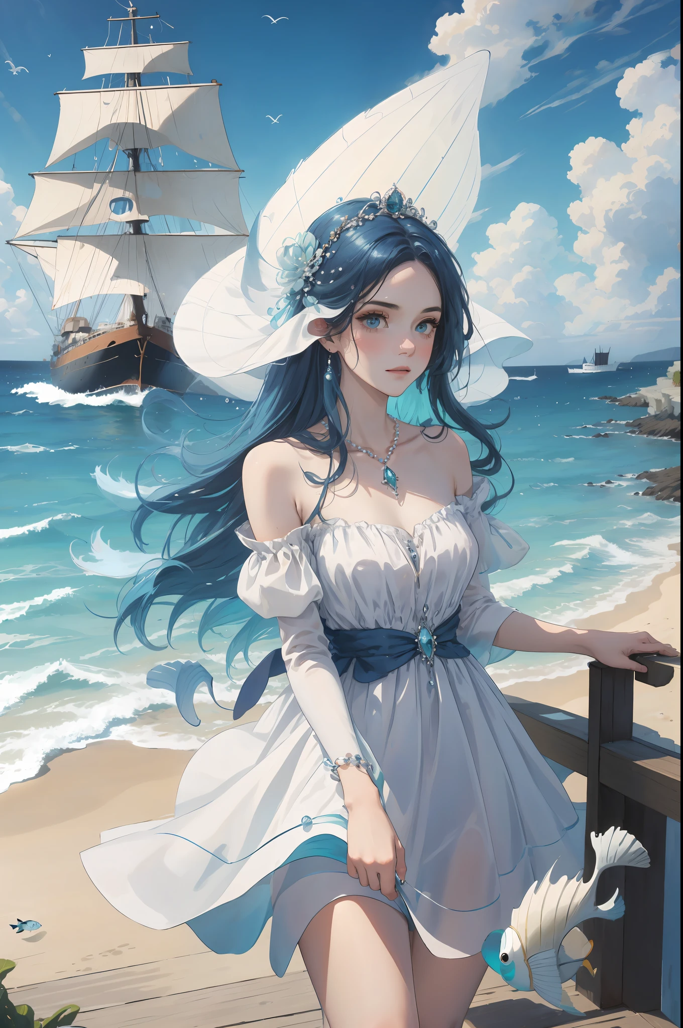 nmasterpiece, Best quality, nmasterpiece,,Milf woman,One Man,Long navy blue hair,empy eyes,one piece dress,gargantilha,pearls,seashells,ocean swells,seas,the sea,fishes,Ship,ultra detaile,Best Picture Quality,White Crown,nmasterpiece,need,headware,hair ornament,Complex details,Exposed shoulder,Fairy of the Divine Realm