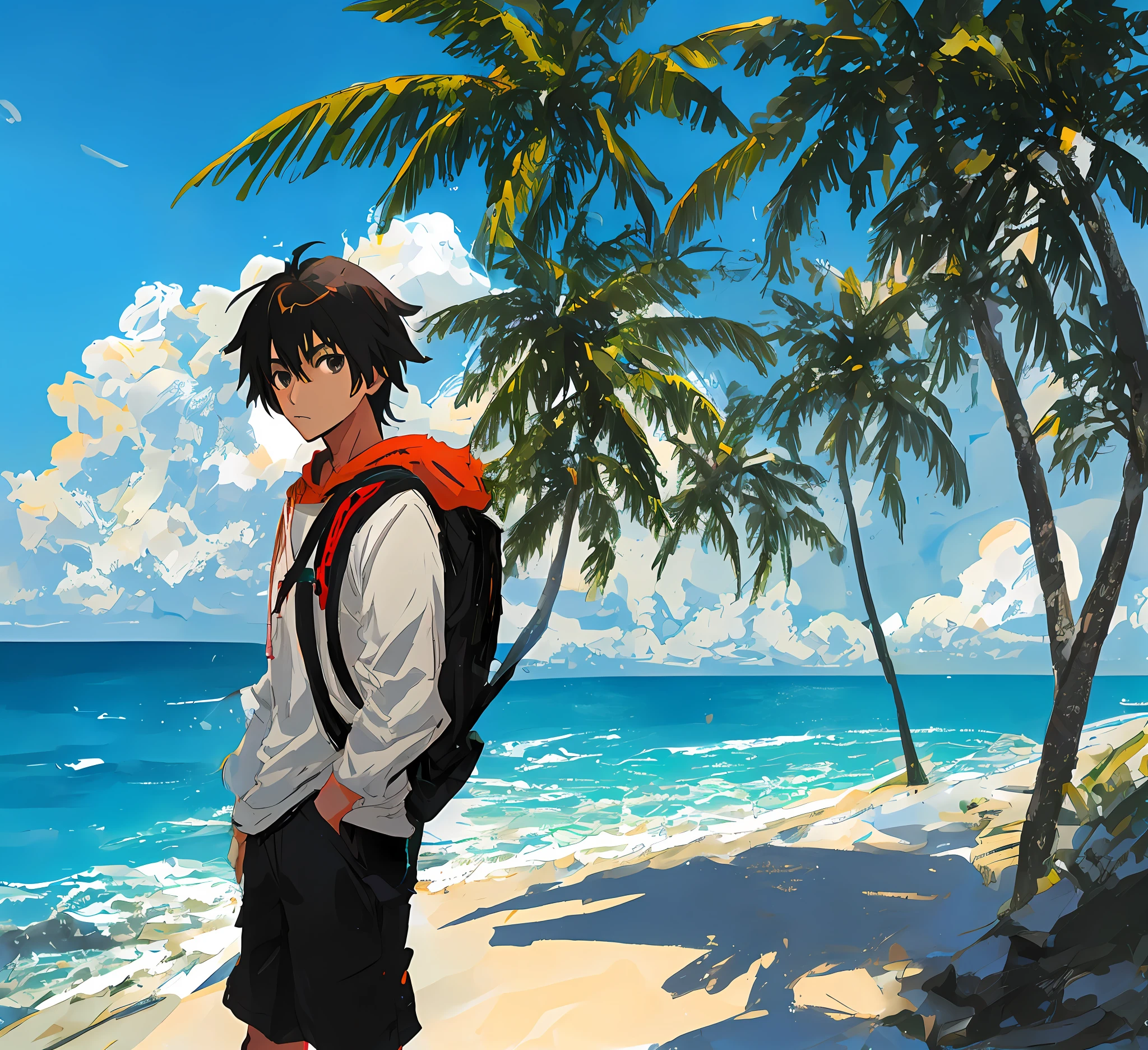 anime boy with backpack on beach with palm tree and ocean,Brown-skinned boy, high quality anime artstyle, makoto shinkai art style, Anime art wallpaper 8k, by Yang J, anime art style, anime style 4 k, anime moe artstyle,