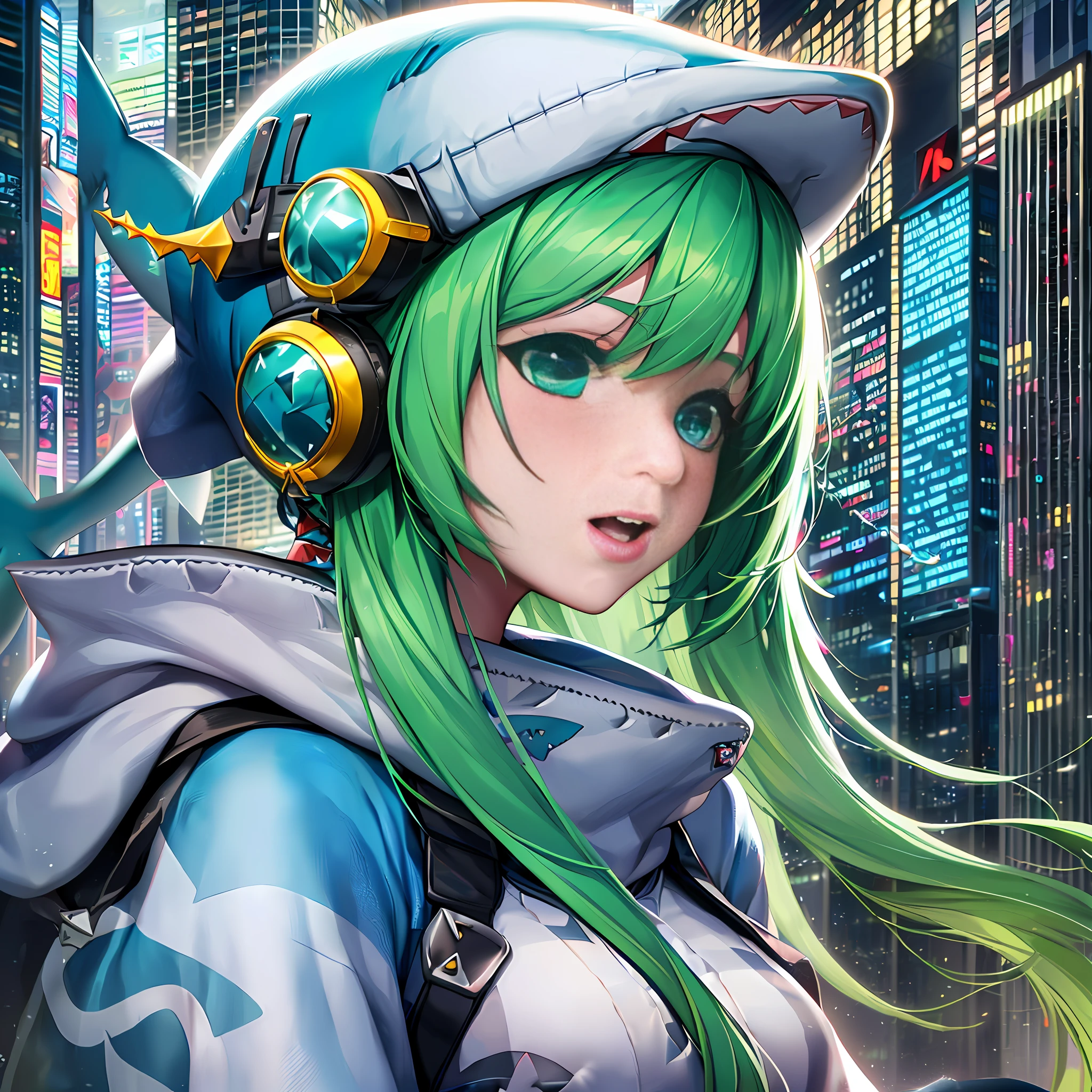 Asian girl profile picture with long green hair, ((S shape mark on face)), (((cartoon shark cap))), background of high-tech style city, cyberpunk style