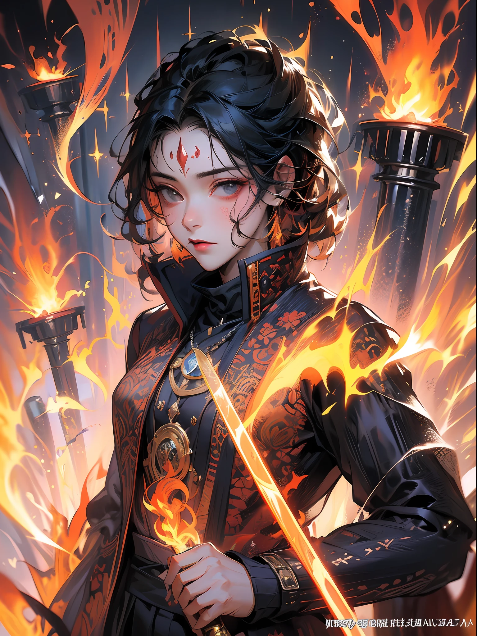 Young man, Handsome, Black clothes, (black ruler on back:1.5), Flame marks on the forehead, multi colors,vulcano, molten rock, Fire, magma, royal palace, metals, Emblem, Flame,solo