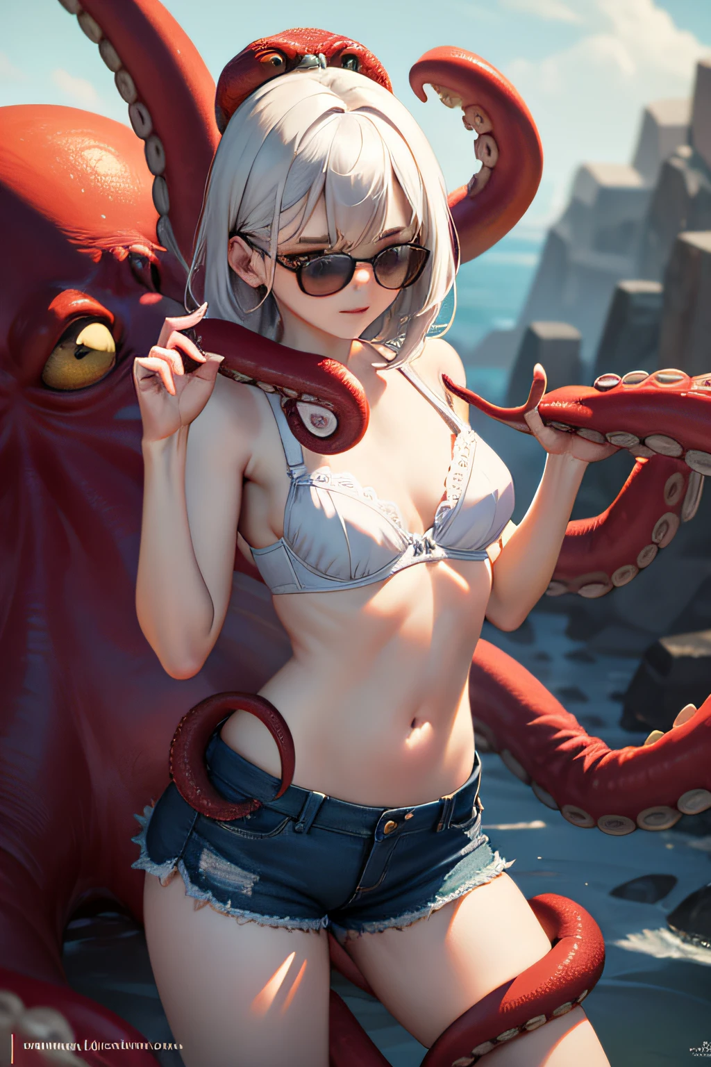 1girl, octopus, animal, on head, sunglasses, bra, shorts, hands tied tentacles, tied tentackle, masterpiece, best quality, highly detailed, white skin, shy face, helpless