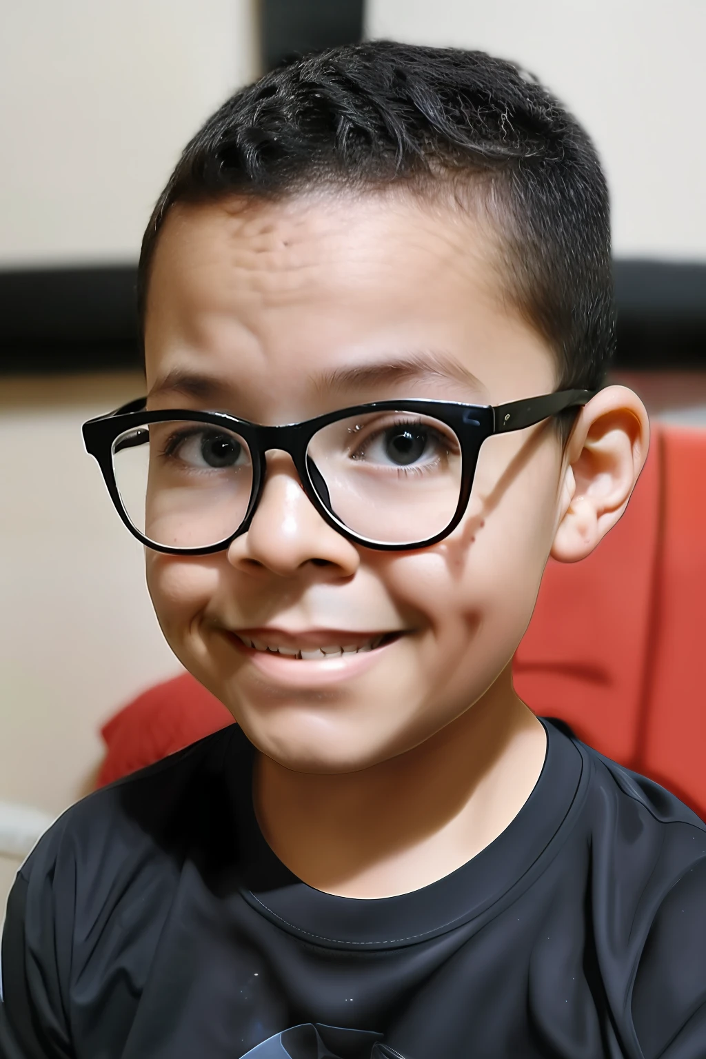 guttonerdvision6, Portrait of a 3-year-old boy wearing glasses, rosto detalhado, olhos brilhantes, skin pores. From freight with the camera, usando roupa despojada. Cenario com fundo desfocado, Imagem intrincada, realista, detalhada. Uhd, iluminacao suave.