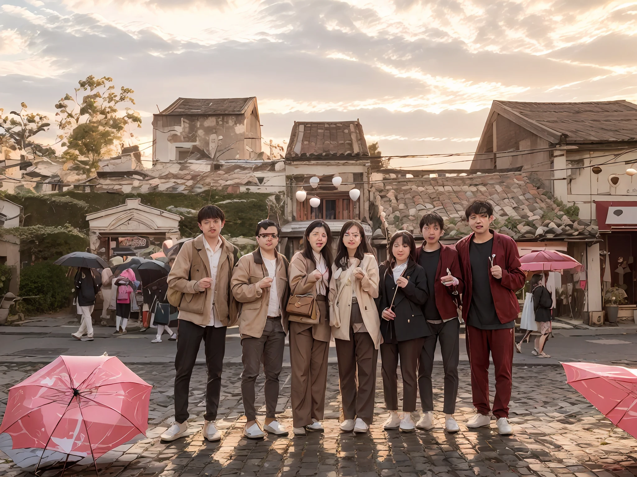 arafed group of people standing on a cobblestone road with umbrellas, at an ancient city, with many travelers, 8k)), group photo, a picture, 🔞🤡, photo taken in 2 0 2 0, by Kanbun Master, 🤬 🤮 💕 🎀, taken in 2 0 2 0, with a city in the background