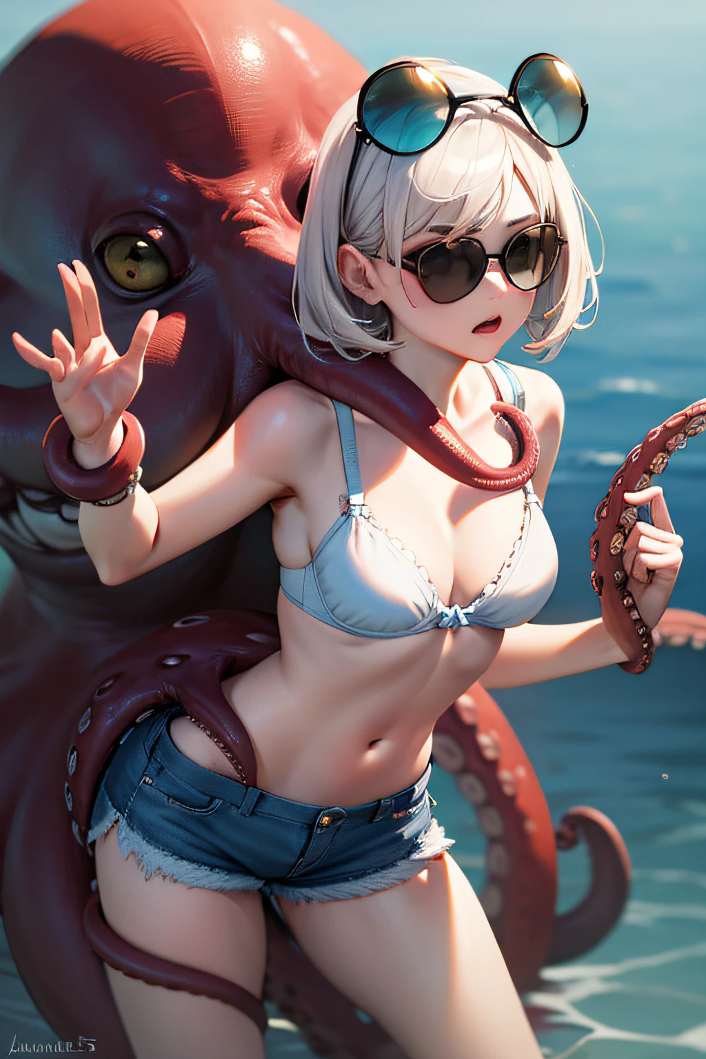 1girl, octopus, animal, on head, sunglasses, bra, shorts, hands tied tentacles, tied tentackle, masterpiece, best quality, highly detailed, white skin, shy face, helpless