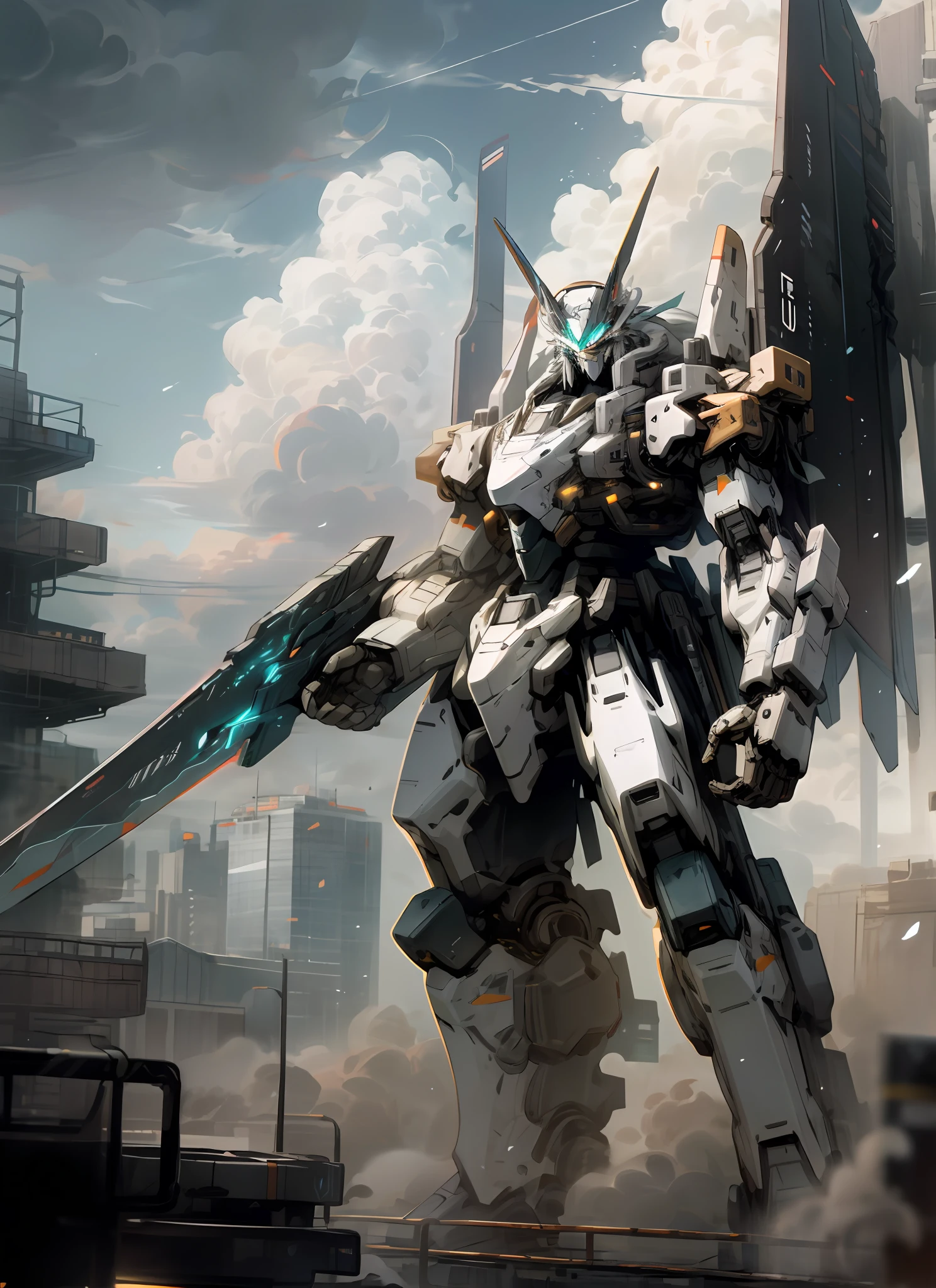 Sky, Clouds, holding_weapon, no_humans, Glow, Mecha, Architecture, glowing_eyes, Mecha, Science Fiction, City, Reality, Mecha, High Detail, Very Detailed, High Quality, (Ultra Wide Angle), Long Range