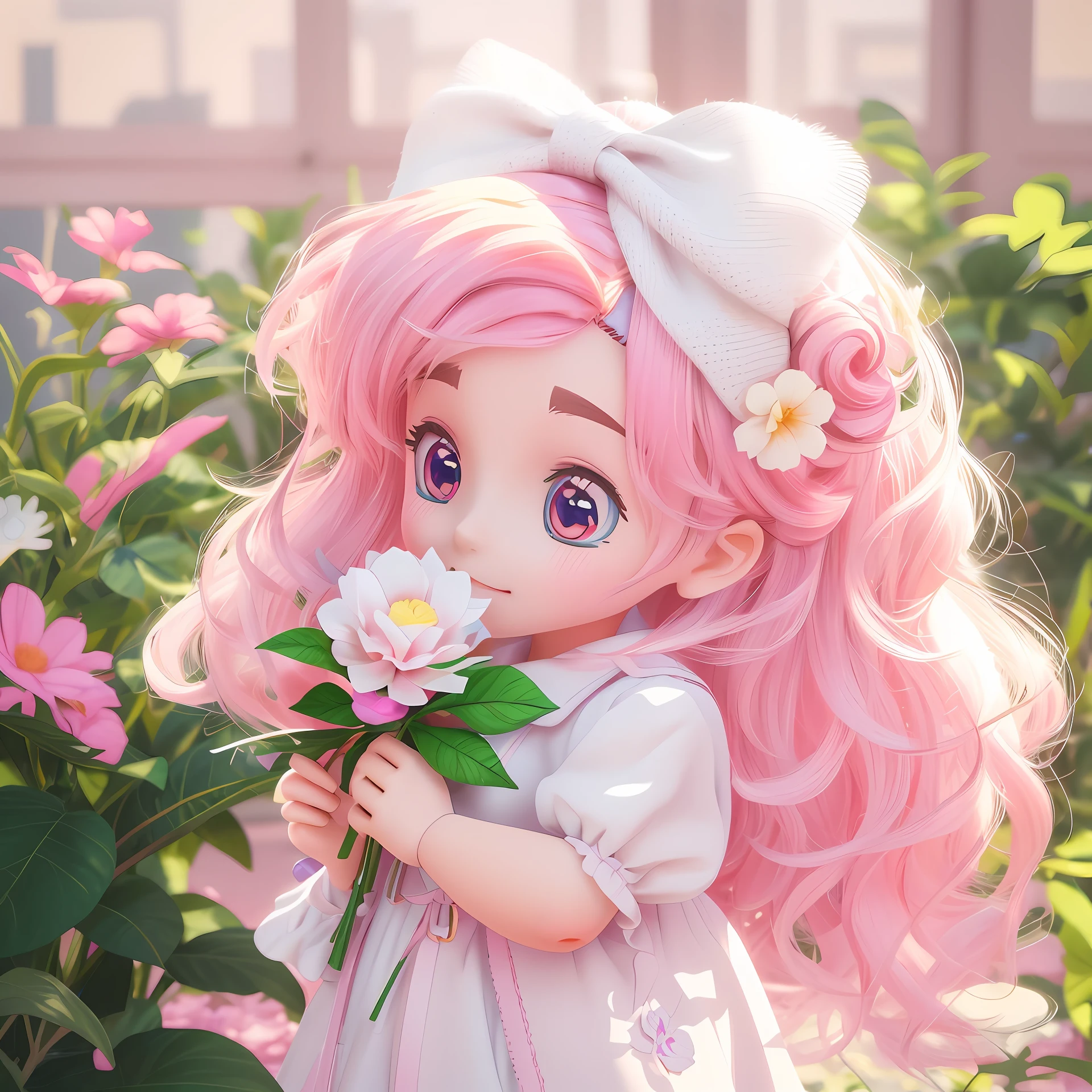 There is a doll with pink hair,Holding a flower in his hand, cute digital painting, cute detailed digital art, Soft anime illustration, adorable digital art, guviz style artwork, Kawaii realistic portrait, 🌺 CGSesociety, render of a cute 3d anime girl, trending on cgstation, cute art style, cute 3 d render, Stylized anime