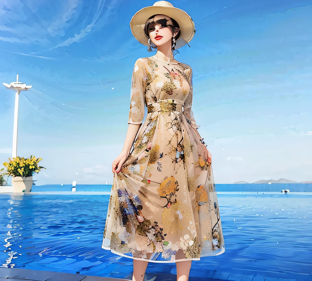 a woman in a dress and hat standing by a pool, wearing a dress of gossamer gold, soft silk dress, stylish dress, frock, lady with glowing flowers dress, Women's long skirt, old women, Silk dress, Translucent dress, Luxury dress, elegant attire, Golden dress, yellow ornate dress, intricate fantasy dress, Summer dress, lady using yellow dress